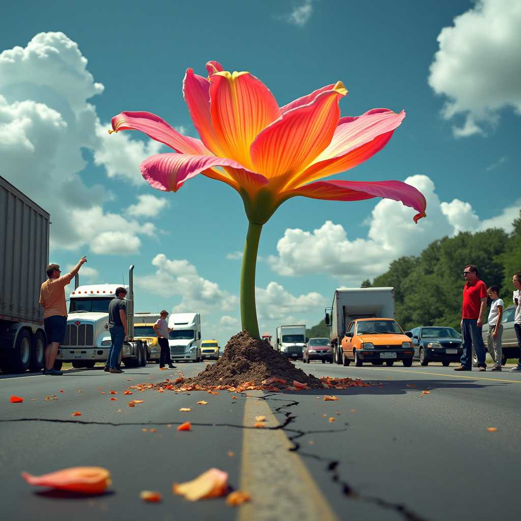 Captivating Giant Flower Blooms Amidst Traffic Jam