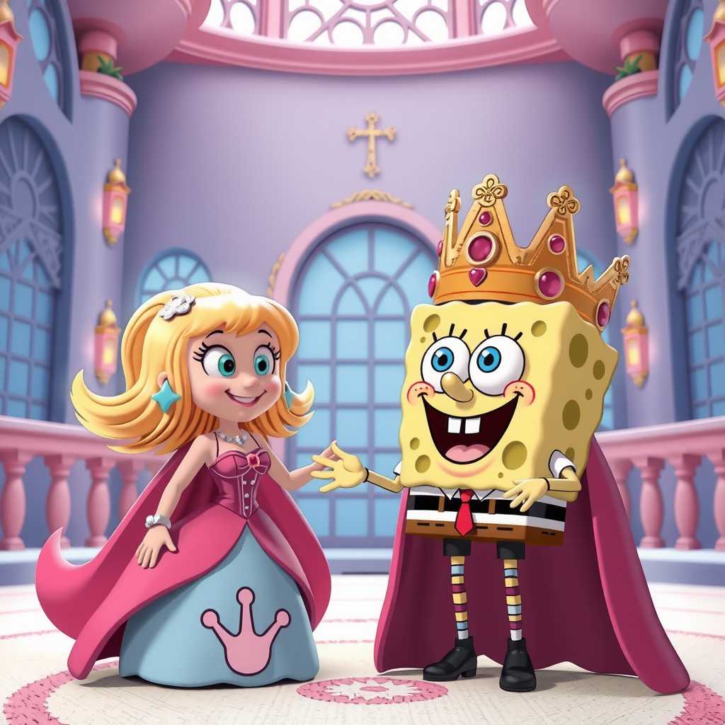 3d cartoon girl princess with king spongebob squarepants in a swanky castle