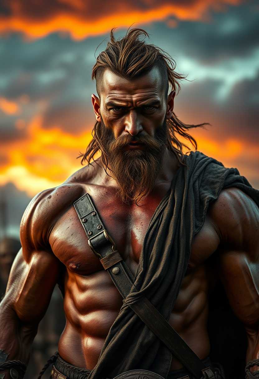 A hyper-realistic portrait of a muscular, battle-worn barbarian warrior, his skin glistening with sweat and dirt, illuminated in a dramatic Rembrandt-style lighting, casting deep shadows on his face. Shot with an Arri Alexa LF, using a Zeiss Master Prime 50mm lens at f/1.4 for a shallow depth of field. The background features a stormy sky with vibrant, exaggerated hues, mimicking Richard Corben's signature comic style. The warrior’s tattered cloak flutters in slow motion, caught in a cinematic bokeh, with the scene emphasizing his raw, primal strength, inspired by Roger Deakins' mastery of natural light."