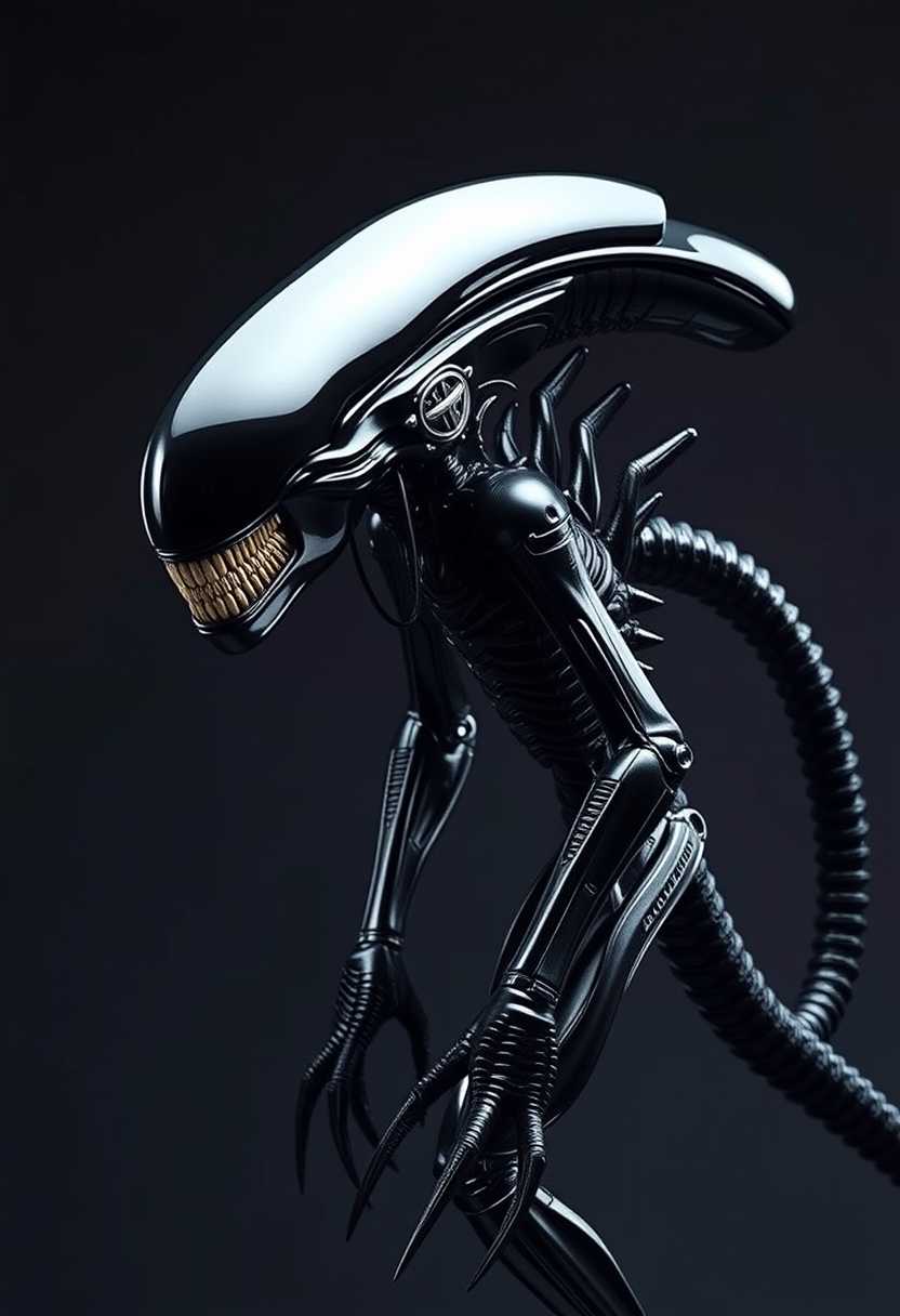 The Xenomorph from *Aliens* has a sleek, black, biomechanical appearance with a smooth, elongated deep head that extends far beyond a human skull about .25ft, lacking visible eyes. Its mouth is wide, filled with sharp metallic teeth, and houses a smaller set of inner jaws that can extend. The creature's body is 8ft tall but as thick as a normal human, and segmented, with a glossy, wet-looking exoskeleton that resembles both organic and mechanical elements. Its limbs are spindly, ending in sharp claws, and its long, whip-like tail has a serrated barb. The Xenomorph moves with fluid grace, blending into shadows with its dark, reflective form, evoking an unsettling, predatory presence.