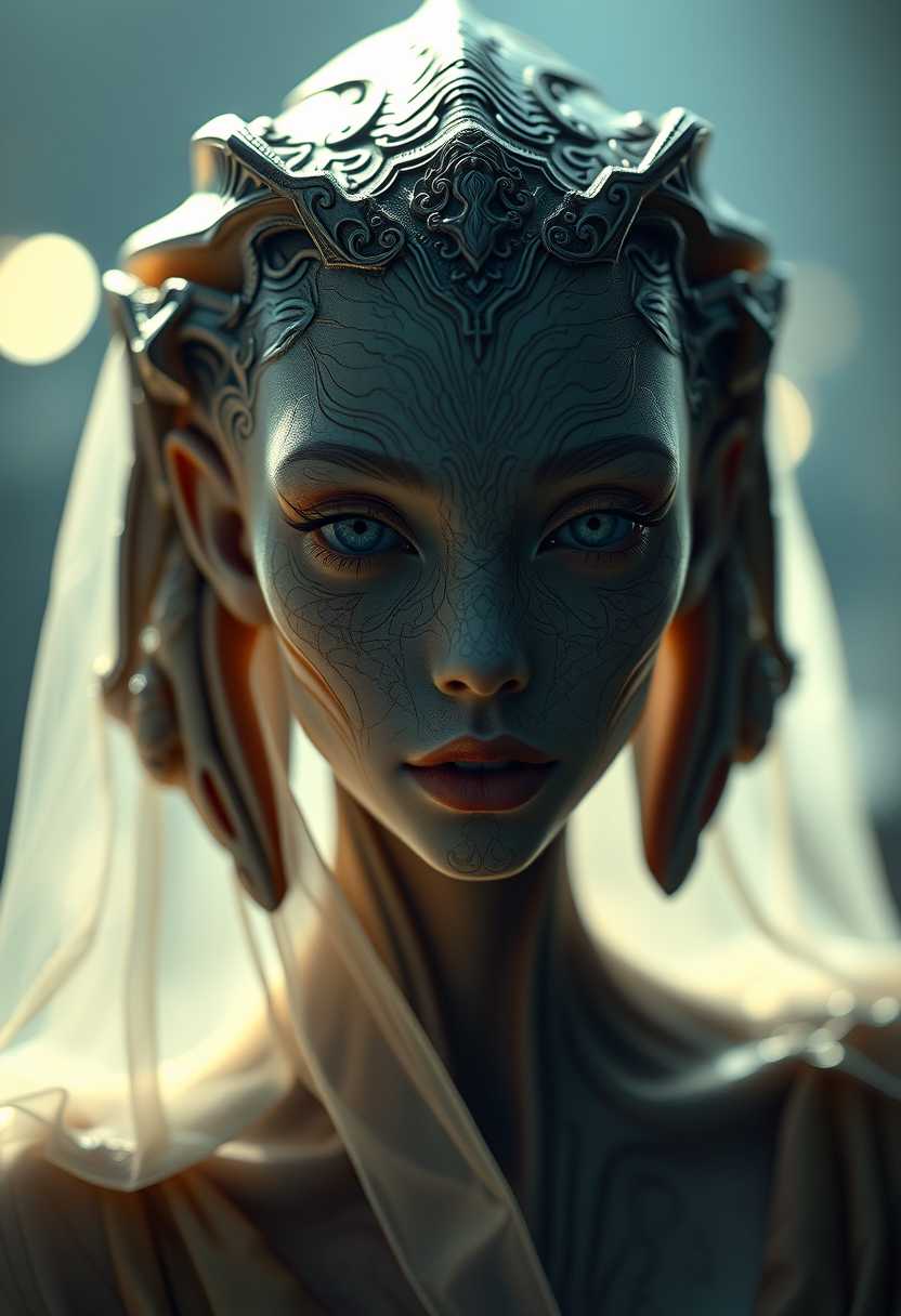 A hyper-detailed portrait of an ethereal alien queen, inspired by Moebius' intricate character designs. Shot with a Canon EOS R5 and Canon RF 85mm f/1.2L lens, using soft three-point lighting to enhance her delicate, otherworldly features. Her flowing, translucent garments shimmer in the subtle rim lighting, while the shallow depth of field (f/1.2) creates a dreamy bokeh effect in the background. The queen’s intricate facial details, illuminated by key light, are meticulously rendered with textures reminiscent of Moebius' hand-drawn linework. The mood is both surreal and majestic, evoking a timeless, cosmic beauty."."