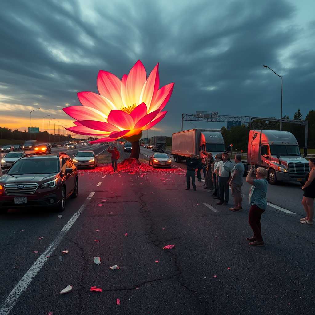 Light painting .
A surreal scene on an American highway: A beautiful vibrant flower with glowing unusually colored petals bursts through cracked asphalt and concrete. The flower's stem pushes upward, scattering fragments of road. In the foreground and background, various vehicles are stopped - cars, trucks, and semi-trucks idle haphazardly across lanes. People of diverse ages and appearances stand outside their vehicles, expressions of awe and wonder on their faces as they gaze up at the enormous flower. Some point, others take photos with their phones. The contrast between the gray highway infrastructure and the vivid, supernatural plant is stark. The perspective is from ground level, emphasizing both the flower's immense size and the stunned reaction of the onlookers.

