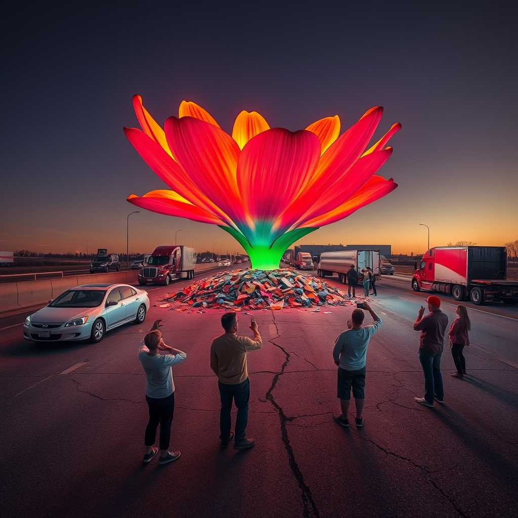 Light painting .
A surreal scene on an American highway: A beautiful vibrant flower with glowing unusually colored petals bursts through cracked asphalt and concrete. The flower's stem pushes upward, scattering fragments of road. In the foreground and background, various vehicles are stopped - cars, trucks, and semi-trucks idle haphazardly across lanes. People of diverse ages and appearances stand outside their vehicles, expressions of awe and wonder on their faces as they gaze up at the enormous flower. Some point, others take photos with their phones. The contrast between the gray highway infrastructure and the vivid, supernatural plant is stark. The perspective is from ground level, emphasizing both the flower's immense size and the stunned reaction of the onlookers.
