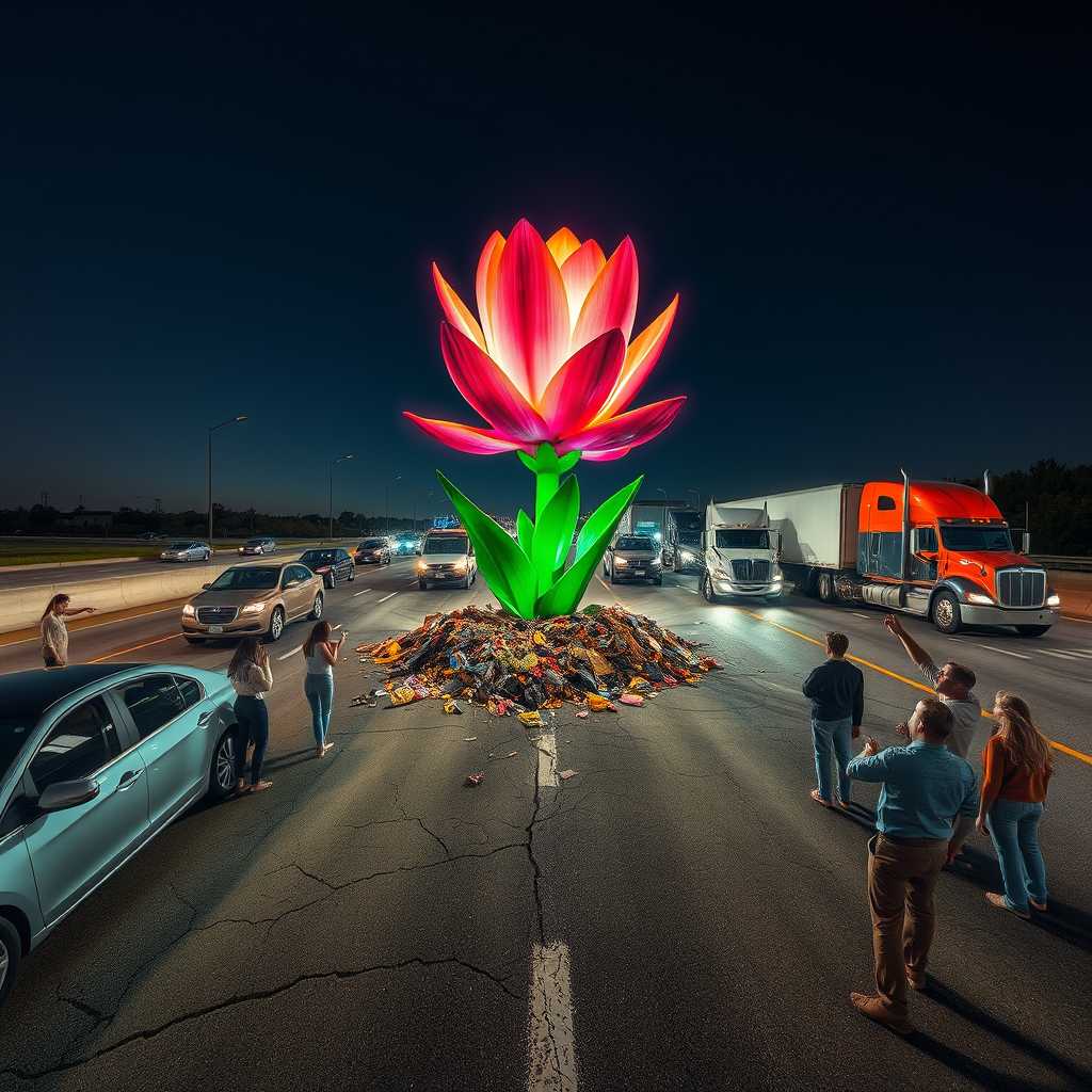 Light painting .
A surreal scene on an American highway: A beautiful vibrant flower with glowing unusually colored petals bursts through cracked asphalt and concrete. The flower's stem pushes upward, scattering fragments of road. In the foreground and background, various vehicles are stopped - cars, trucks, and semi-trucks idle haphazardly across lanes. People of diverse ages and appearances stand outside their vehicles, expressions of awe and wonder on their faces as they gaze up at the enormous flower. Some point, others take photos with their phones. The contrast between the gray highway infrastructure and the vivid, supernatural plant is stark. The perspective is from ground level, emphasizing both the flower's immense size and the stunned reaction of the onlookers.
