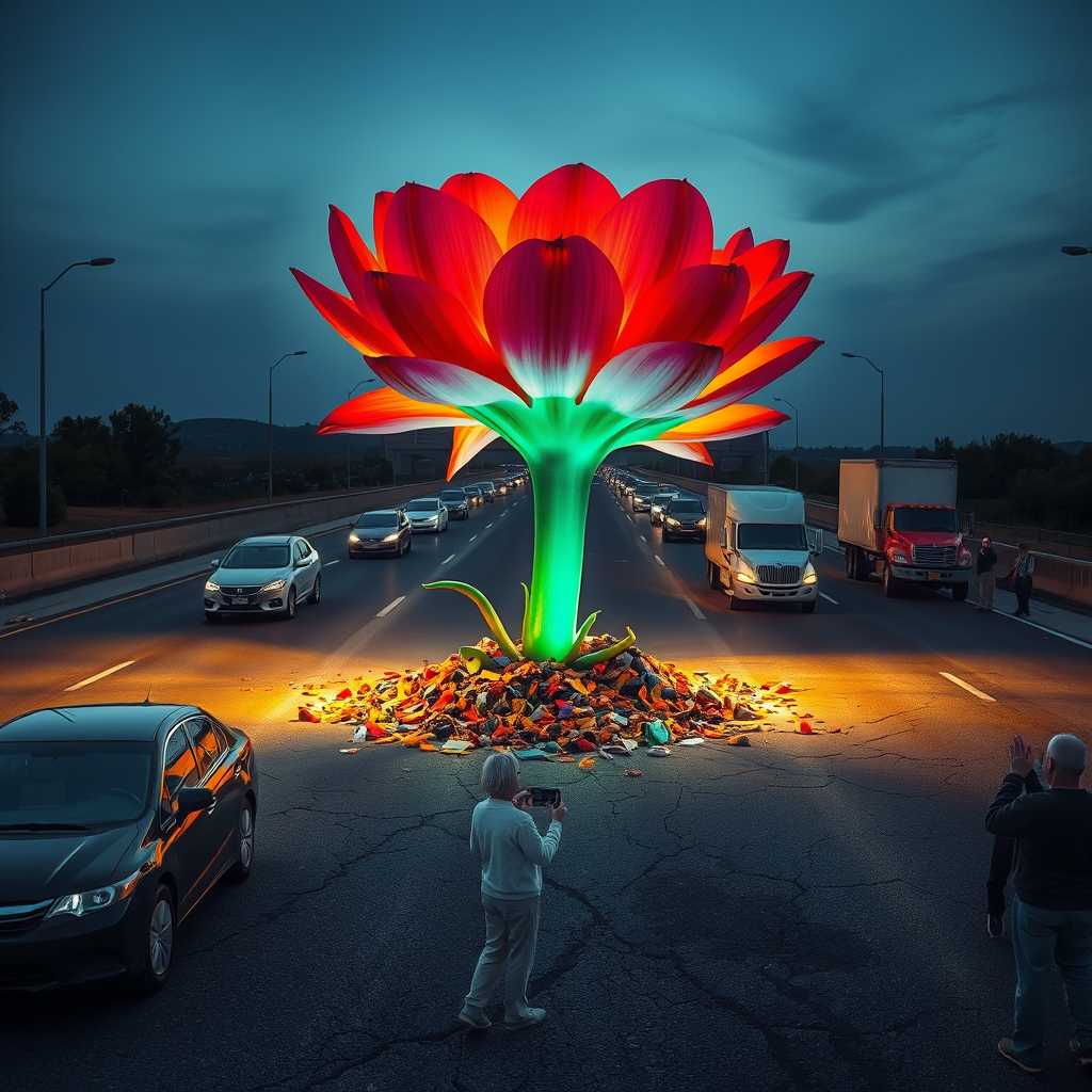 Light painting .
A surreal scene on an American highway: A beautiful vibrant flower with glowing unusually colored petals bursts through cracked asphalt and concrete. The flower's stem pushes upward, scattering fragments of road. In the foreground and background, various vehicles are stopped - cars, trucks, and semi-trucks idle haphazardly across lanes. People of diverse ages and appearances stand outside their vehicles, expressions of awe and wonder on their faces as they gaze up at the enormous flower. Some point, others take photos with their phones. The contrast between the gray highway infrastructure and the vivid, supernatural plant is stark. The perspective is from ground level, emphasizing both the flower's immense size and the stunned reaction of the onlookers.
