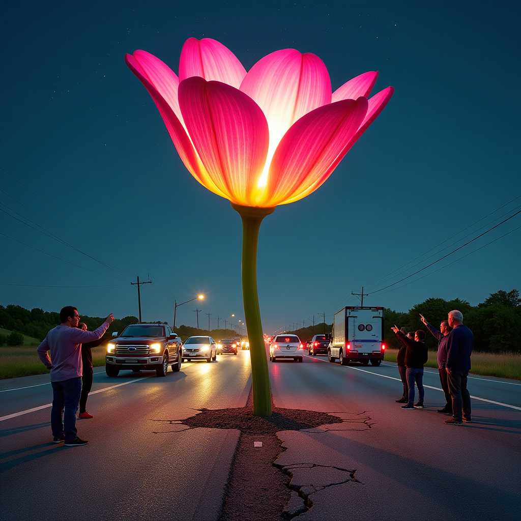Light painting .
A surreal scene on an American highway: A beautiful vibrant flower with glowing unusually colored petals bursts through cracked asphalt and concrete. The flower's stem pushes upward, scattering fragments of road. In the foreground and background, various vehicles are stopped - cars, trucks, and semi-trucks idle haphazardly across lanes. People of diverse ages and appearances stand outside their vehicles, expressions of awe and wonder on their faces as they gaze up at the enormous flower. Some point, others take photos with their phones. The contrast between the gray highway infrastructure and the vivid, supernatural plant is stark. The perspective is from ground level, emphasizing both the flower's immense size and the stunned reaction of the onlookers.
