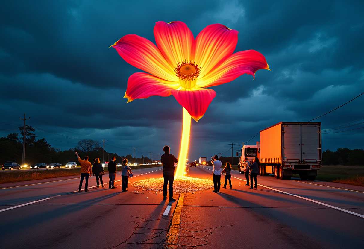 Light painting .
A surreal scene on an American highway: A beautiful vibrant flower with glowing unusually colored petals bursts through cracked asphalt and concrete. The flower's stem pushes upward, scattering fragments of road. In the foreground and background, various vehicles are stopped - cars, trucks, and semi-trucks idle haphazardly across lanes. People of diverse ages and appearances stand outside their vehicles, expressions of awe and wonder on their faces as they gaze up at the enormous flower. Some point, others take photos with their phones. The contrast between the gray highway infrastructure and the vivid, supernatural plant is stark. The perspective is from ground level, emphasizing both the flower's immense size and the stunned reaction of the onlookers.
