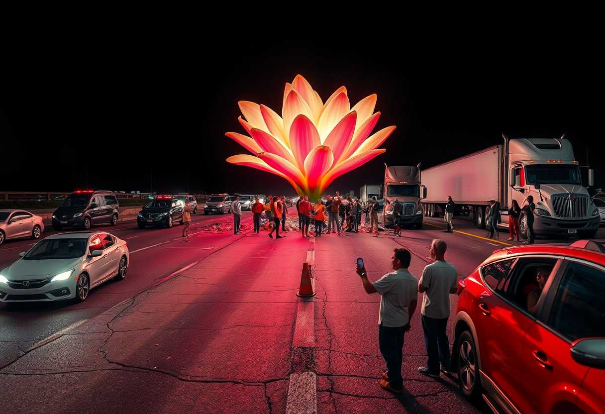 light painting on black background.
A surreal scene on an American highway: A beautiful vibrant flower with glowing unusually colored petals bursts through cracked asphalt and concrete. The flower's stem pushes upward, scattering fragments of road. In the foreground and background, various vehicles are stopped - cars, trucks, and semi-trucks idle haphazardly across lanes. People of diverse ages and appearances stand outside their vehicles, expressions of awe and wonder on their faces as they gaze up at the enormous flower. Some point, others take photos with their phones. The contrast between the gray highway infrastructure and the vivid, supernatural plant is stark. The perspective is from ground level, emphasizing both the flower's immense size and the stunned reaction of the onlookers.
