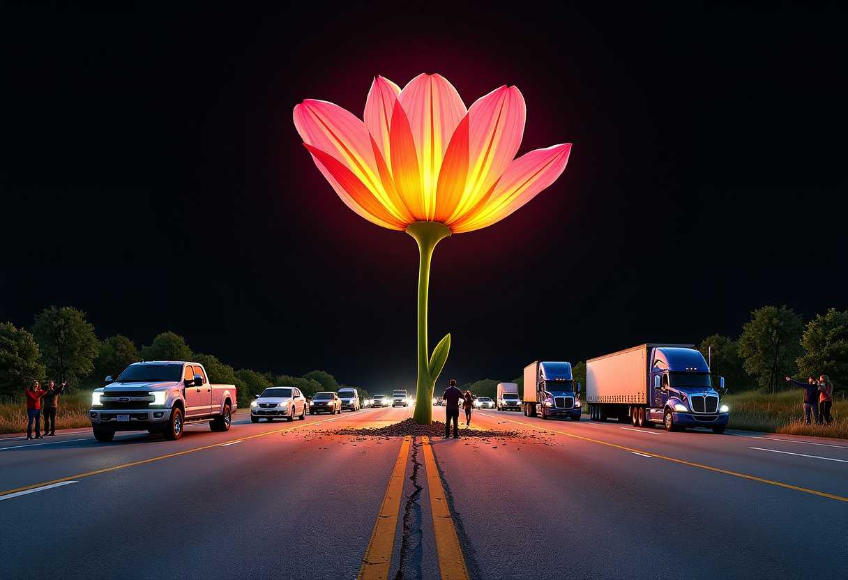 light painting on black background.
A surreal scene on an American highway: A beautiful vibrant flower with glowing unusually colored petals bursts through cracked asphalt and concrete. The flower's stem pushes upward, scattering fragments of road. In the foreground and background, on both directions various vehicles are stopped - cars, trucks, and semi-trucks idle haphazardly across lanes. People of diverse ages and appearances stand outside their vehicles, expressions of awe and wonder on their faces as they gaze up at the enormous flower. Some point, others take photos with their phones. The contrast between the gray highway infrastructure and the vivid, supernatural plant is stark. The perspective is from ground level, emphasizing both the flower's immense size and the stunned reaction of the onlookers.
