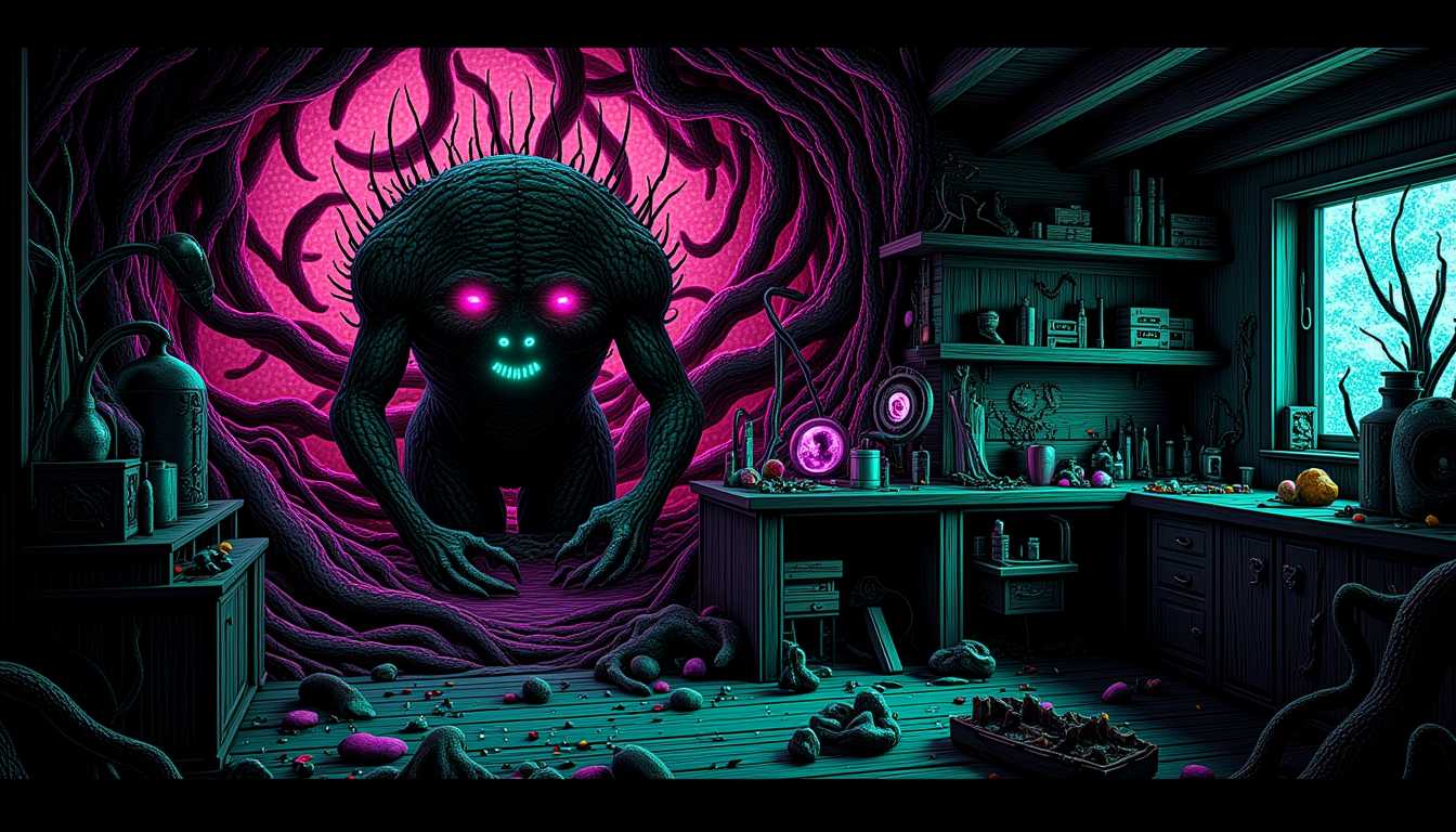 style of ULT, In Style of COS, photo render, (conceptual render:1.3), glowing implausibly, interesting colors, conceptual environment, (glowing:1.3), subsurface scattering, particles: Ultra High Detailed 1980s lovecraft's The Color out of Space comics horror Epic scene, art present trippy, psychedelic scene: A dark, shadowy wooden shelf inside a cluttered laboratory. On the shelf, a charred spot marks the place where a glass beaker and its contents once rested. The vibrant colors, distorted reality, and mind - bending visuals are characteristic of this style, by Alex Grey and Keiichi Tanaami, movie poster, extremely detailed, hyper resolution, cinematic lighting