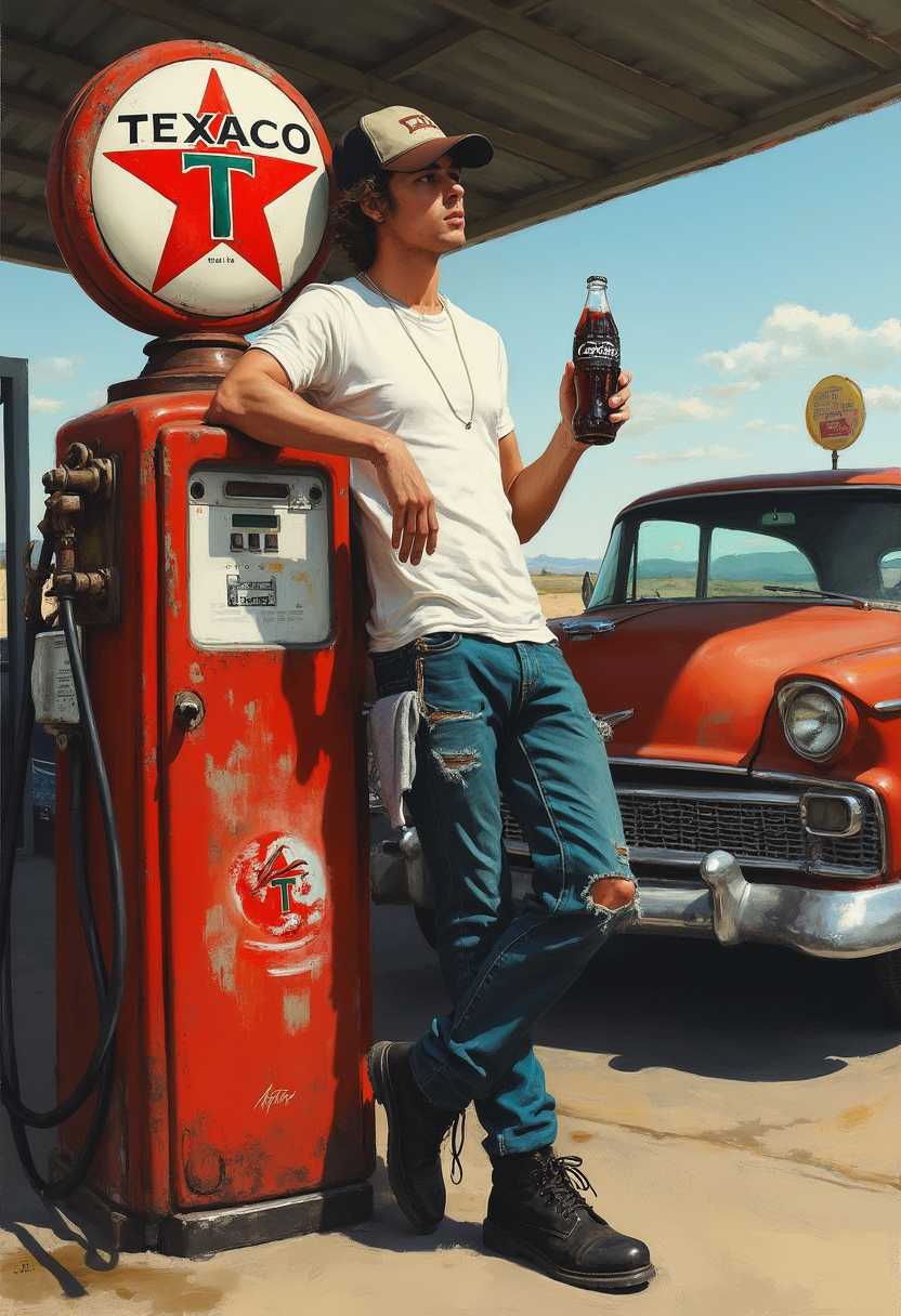 hyperrealistic hyperdetailed acrylic alcohol ink of a young man leaning against an old antique Texaco Star gas pump machine wearing ripped jeans a white t-shirt, black boots, dark brown hair with baseball cap, he has a greasy rag sticking out of his front pocket. he is holding a bottle of ice cold coca cola in one hand, background of old car at service station. He is taking a break from working on his car. painterly