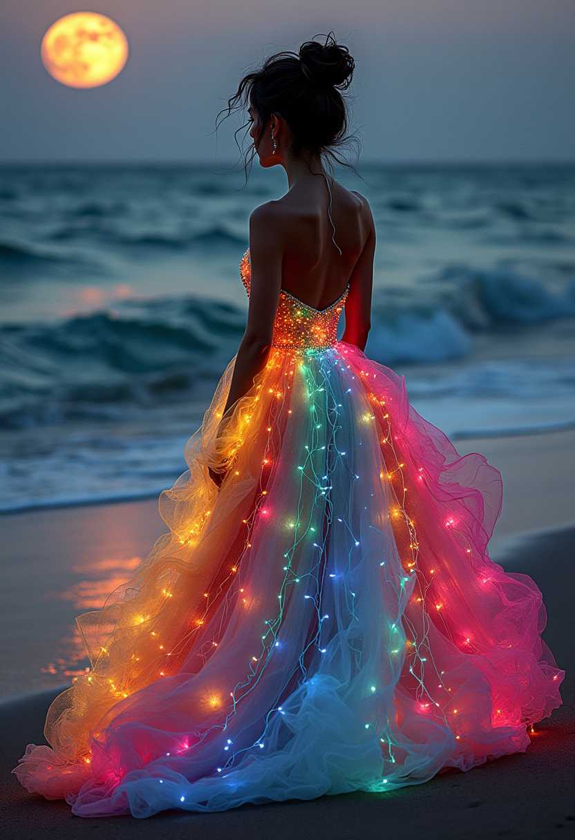 a beautiful realistic woman standing on a beach in the evening, dark hair up in messy bun, she's looking out at the sunset, wearing a gown made of lighted stringy swirls of yellow, pink, magenta, blue, white, teal, the skirt is full, stunning, bg is the sea, full moon, starry sky