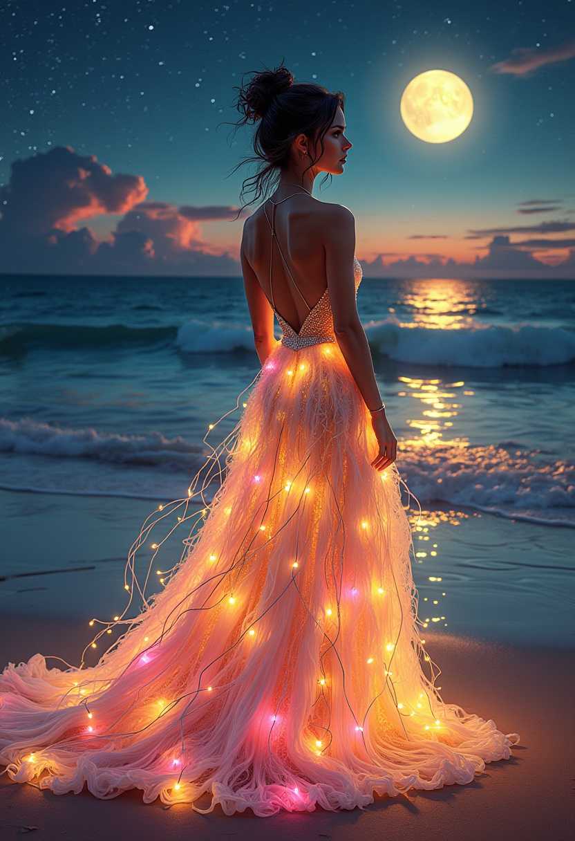 a beautiful realistic woman standing on a beach in the evening, dark hair up in messy bun, she's looking out at the sunset, wearing a gown made of lighted stringy swirls of yellow, pink, magenta, blue, white, teal, the skirt is full, stunning, bg is the sea, full moon, starry sky
