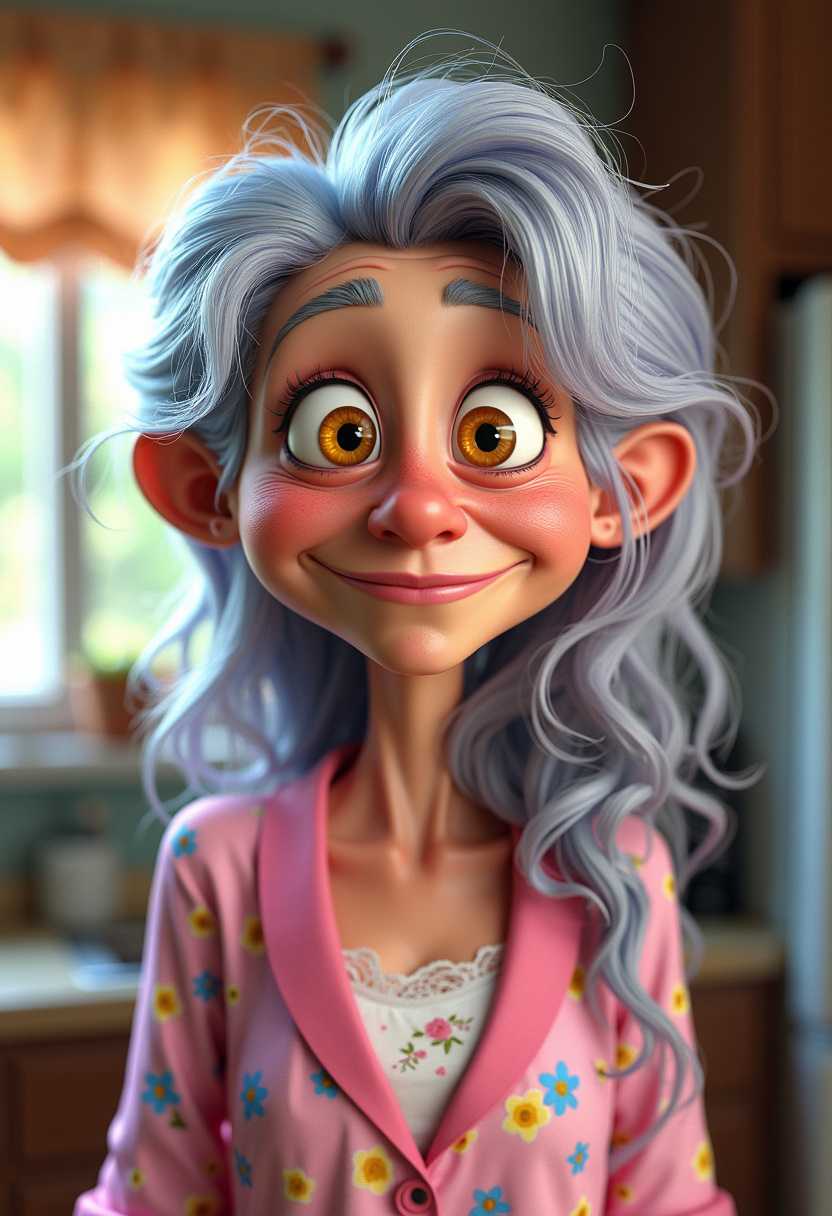 Create a whimsical 3D Pixar style image of a beautiful 60-year-old woman with long platinum hair with blue, pink and violet highlights very messy, with big honey-colored eyes, she has a pink sleeping gown with flowers of many colors and has a silly expression face and making a face with the mouth turning it to the right, TWISTING THE LIPS, background a kitchen
