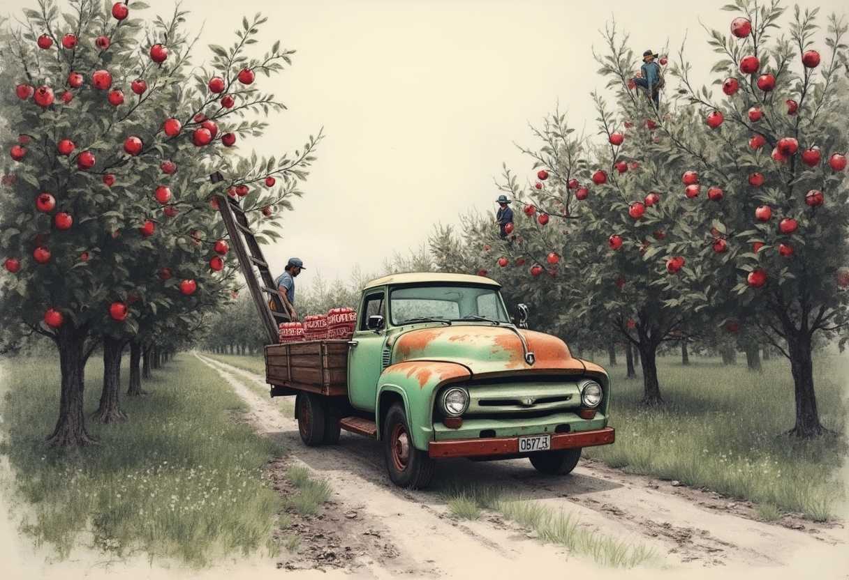 Charcoal drawing of an apple orchard with a few red apples on trees with pickers on ladders. old rusted green 56 ford pickup on road between trees with crates of apples in back