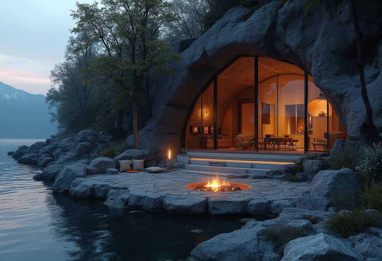realistic high definition photo of a lakeshore at dusk with a shoreline of trees and rock formation. within rock formation is an underground home. front of home is all glass with a warm gold glow coming from within.  Just outside windiw is a half circle of rock with cushions. in middle of half stone circle is a fire pit with burning fire