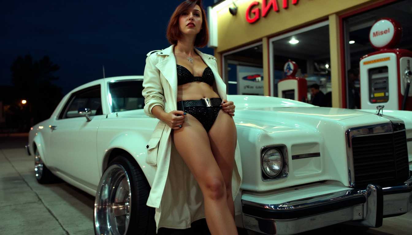 Capture a vivid nighttime scene featuring TOKELI, showcasing her short straight auburn hair, set against the backdrop of a white vintage car parked at a nostalgically lit gas station she is standing against the hood of the car. The image is in the evocative style of CNSTLL, utilizing the distinct look of Cinestill 800T film to infuse the atmosphere with cinematic quality. The scene is framed from a very low angle with the camera being almost at ground level, emphasizing TOKELI as the central figure, with the car slightly visible behind her, the camera lens is 20mm. She exudes a bold and striking presence, clad in a glossy white latex coat open in front, under the coat she is naked wearing just sparkling hot pants and black shiny thigh-high boots, adding a sense of modern avant-garde fashion to the classic scene. The gas station is subtly bathed in neon lights, casting a warm, ambient glow that mingles with the deep blues of the night sky, enhancing the filmic quality. The mood is a blend of retro and contemporary, with a hint of mystery and allure. she is 1.75 meter tall