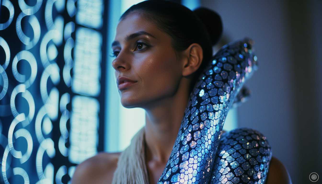 Enigmatic Elegance A Model with a Serpentine Shawl by an Ornate Window