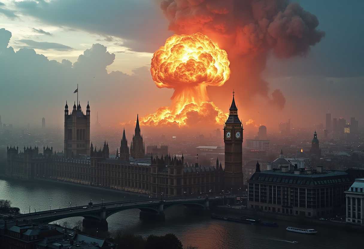 create a photo of the London, UK drone shot, with a extremely massive and defined huge nuclear bomb blast in the distance. Dystopian war torn London, UK, london parliament buildings, while, skyline