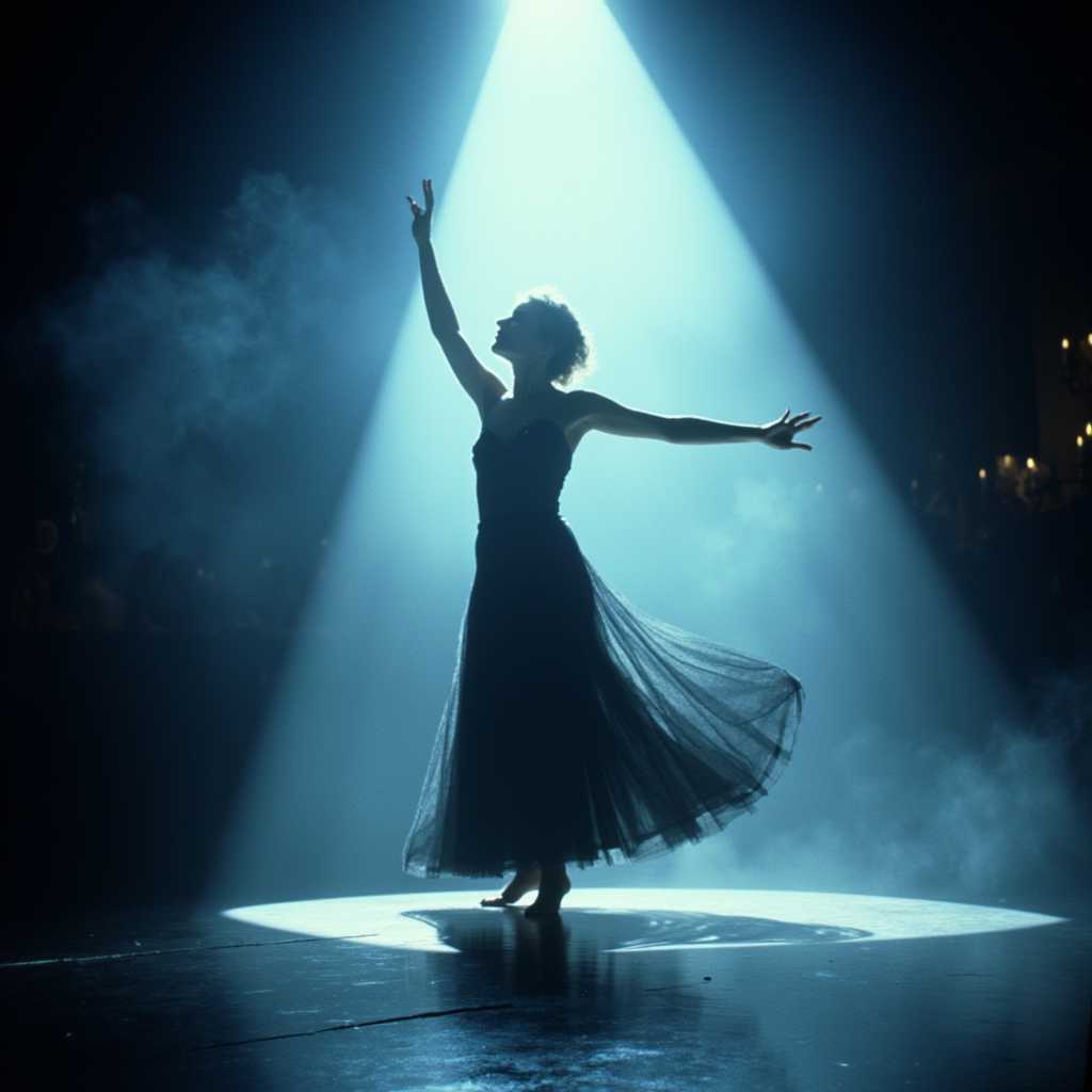 in the style of BLDRNRTOK, a woman dancing in the fog on a stage