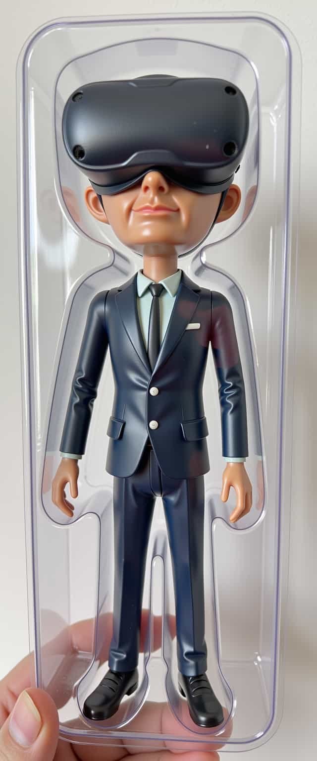 VincentD  wearing a small and thin virtrual reality headset as an action figure in its plastic packaging, "Vincent Action Figure" is written on the packaging