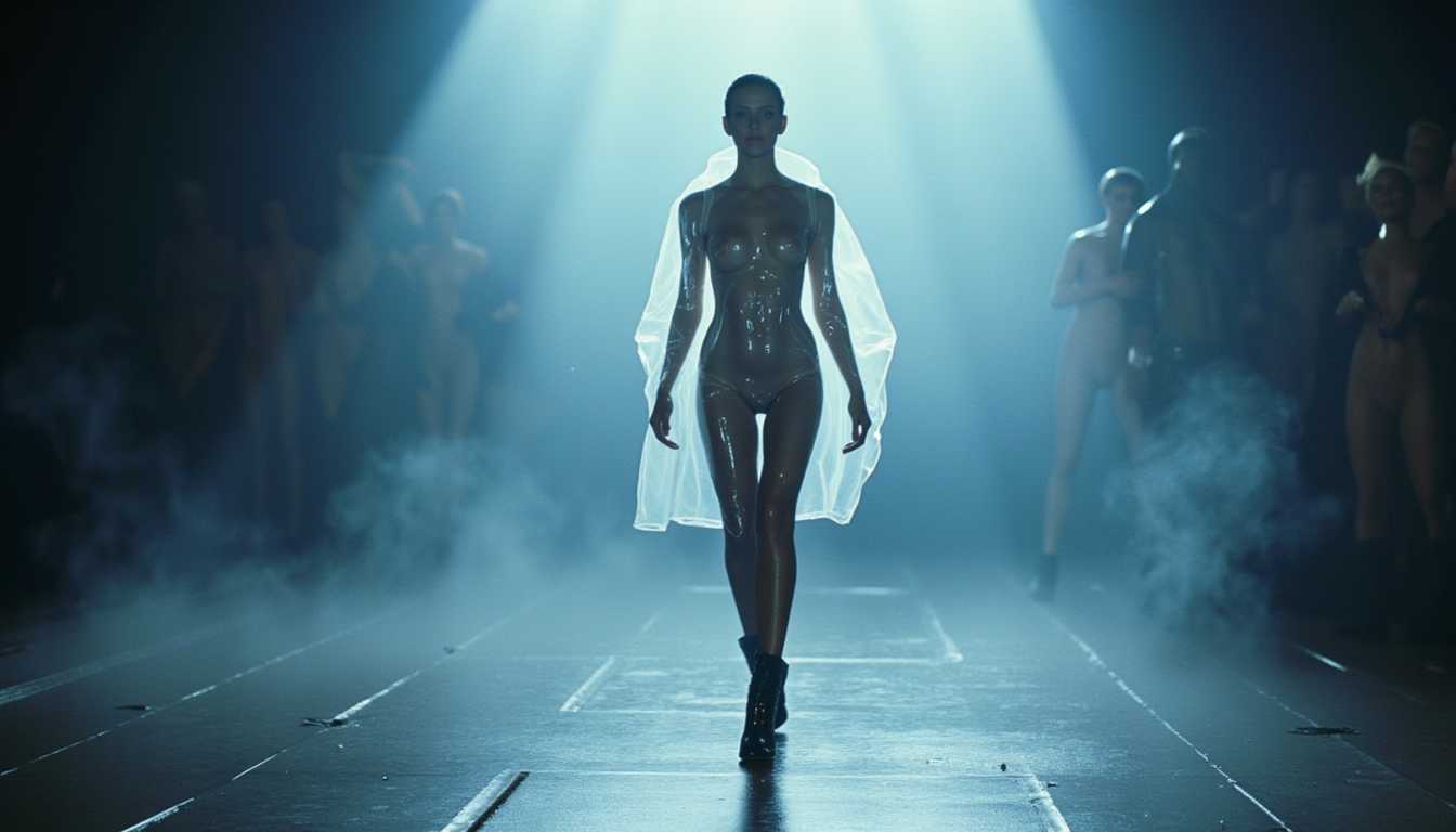 Model strides confidently down runway in translucent outfit, spotlight illuminating the scene