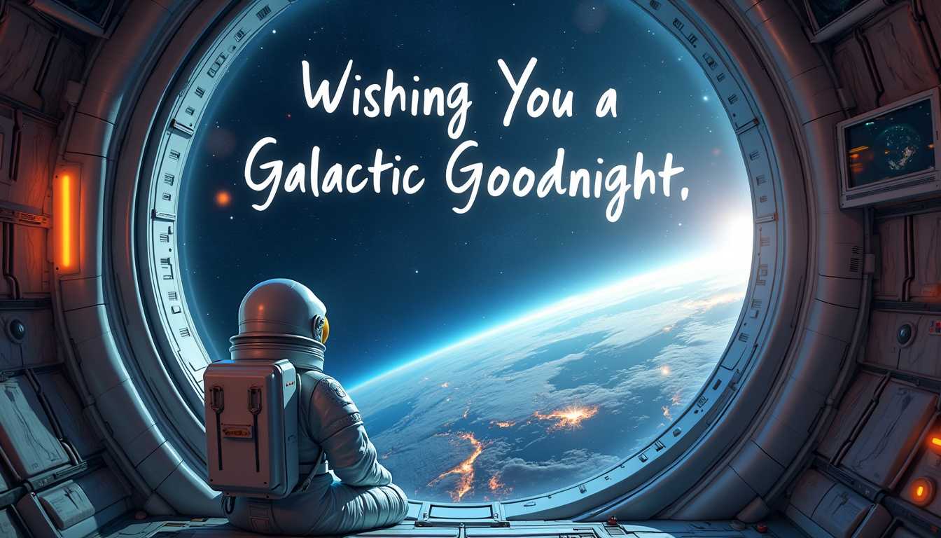 create a hyper realistic image of a futuristic space station with astronauts looking out at the Earth from a window, and the message words "Wishing You a Galactic Goodnight." printed on the window