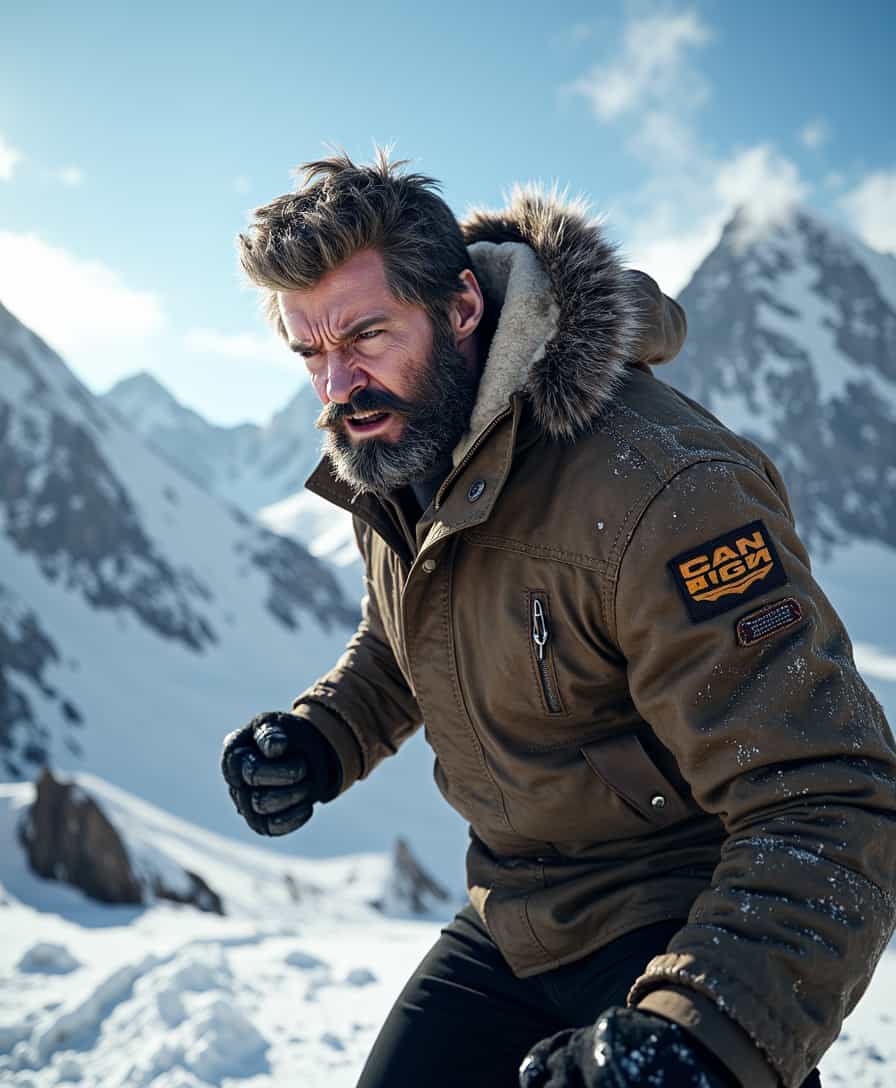 LGN,
Title: "Rage in the Winter Mountains"

Description: In this dramatic and tense scene, position a furious man as the central subject. He is standing amidst a stunning winter mountain landscape, where towering snow-capped peaks rise against a clear blue sky. The man's face is contorted with anger, his eyes narrowing with intense determination. His muscles are tensed, and his right fist is clenched tightly, poised to deliver a powerful punch.

Visual Details: The man wears a rugged winter jacket, with hints of frost clinging to the fabric, reflecting the biting cold of the surroundings. His breath is visibly misting in the chilly air, adding to the raw authenticity of the moment. The sunlight glints off the snow, casting sharp shadows that outline his determined features.

Style: Render the scene in a hyper-realistic style, capturing the intricate details of the man's expression and the breathtaking mountain environment. The textures of the snow, rocks, and his apparel should be richly detailed, almost tangible.

Composition: Use a slightly low camera angle to emphasize the man's dominant presence. Position him slightly off-center to the right, leaving space to depict the expansive, breathtaking mountain range in the background. This framing draws the viewer's eye across the scene, enhancing the narrative tension.