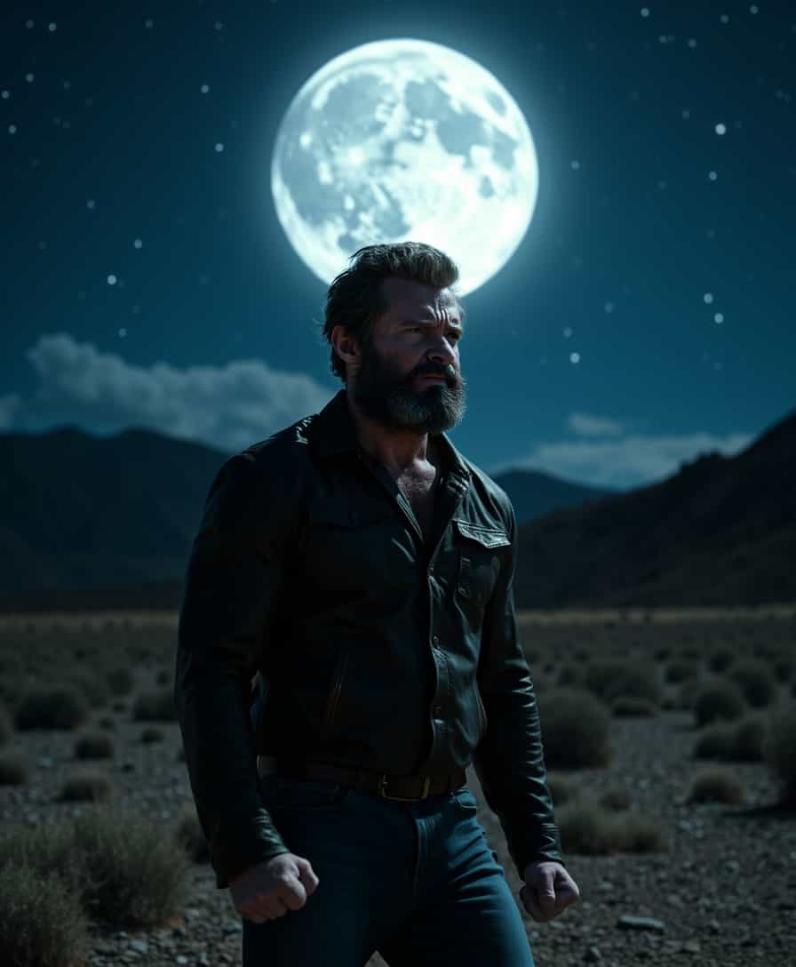 Bearded Man in Desert under a Full Moon