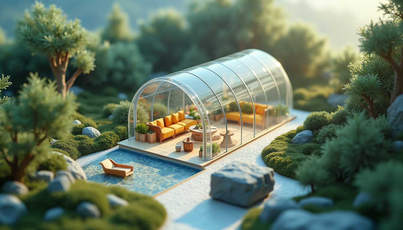 Miniature GlassEnclosed Gazebo with Pool and Surrounding Landscape