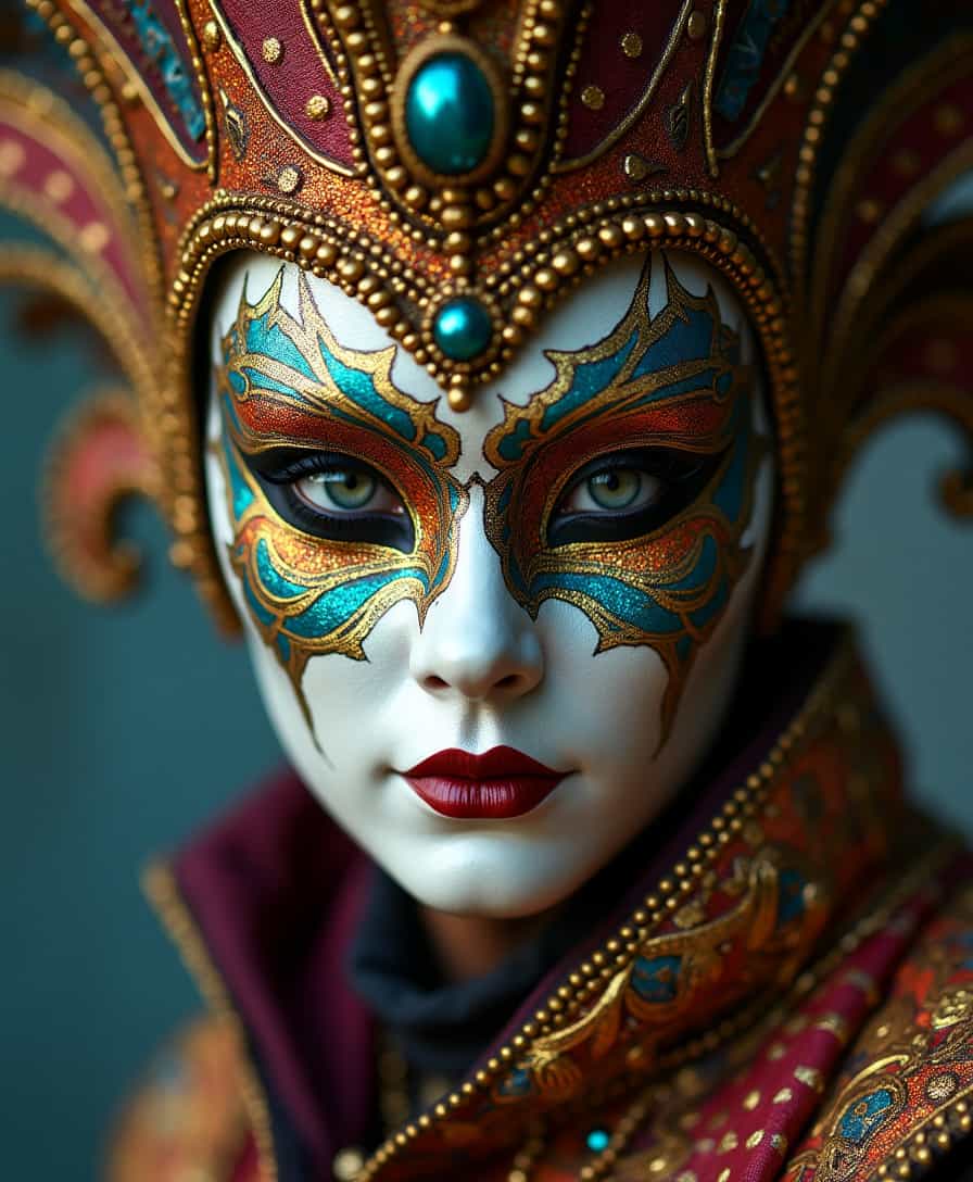 zavy-crnvl, a portrait of a single carnival participant wearing an elaborate, hand-painted mask. The focus is on the mask’s intricate details and the subject’s eyes peeking through, conveying mystery and intrigue