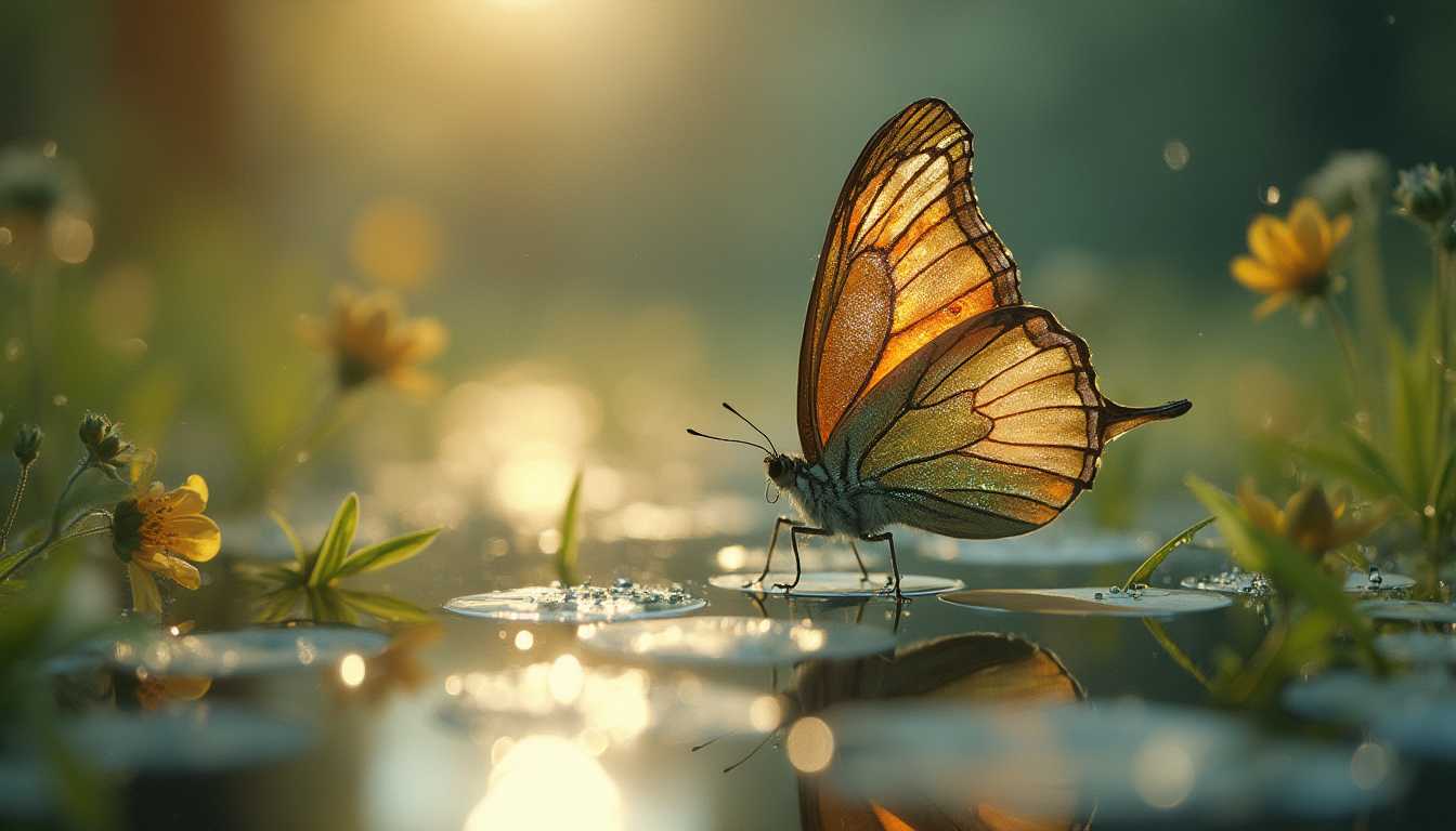 A phantasmal, prism-glass-shatter kaleidoscope of a butterfly perched upon a single blade of dewy grass at the edge of a mirror-like pond, surrounded by the luminescent shadows of an Imogen Cunningham-inspired floral meadow, where delicate petals unfurl, and morning light dances across the serene water's surface, casting an ethereal glow.