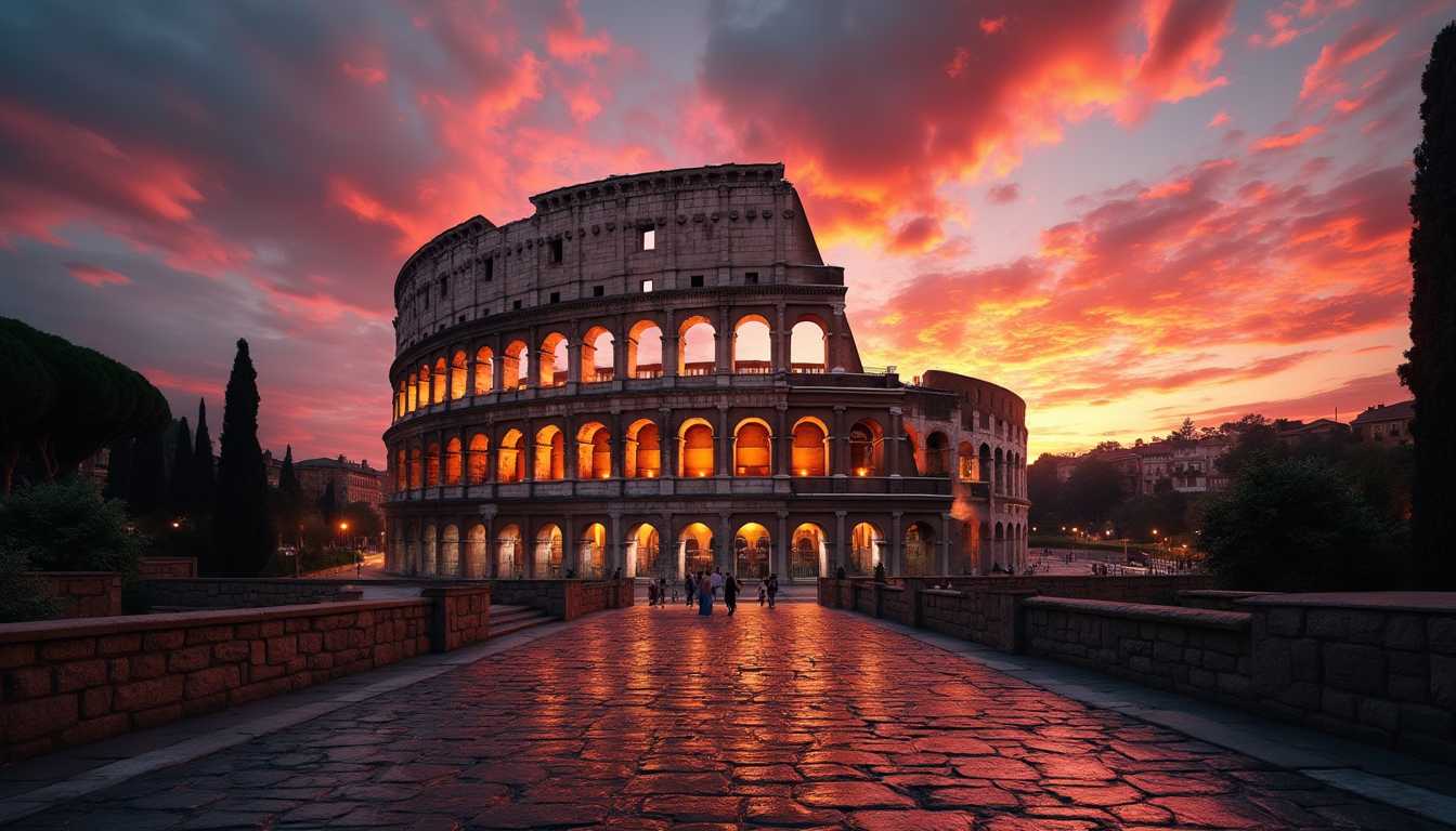 A stunning sunset view of the Roman Colosseum, with the sky painted in shades of vibrant red, orange, and pink clouds. The ancient amphitheater’s illuminated arches glow warmly, contrasting against the darkening sky. The perspective is from the ground level, looking up the stone pathway leading to the Colosseum, with a few visitors visible at the entrance. The scene captures the grandeur of the Colosseum as it stands timelessly against the backdrop of a dramatic evening sky, highlighting the structure’s historical significance and architectural beauty