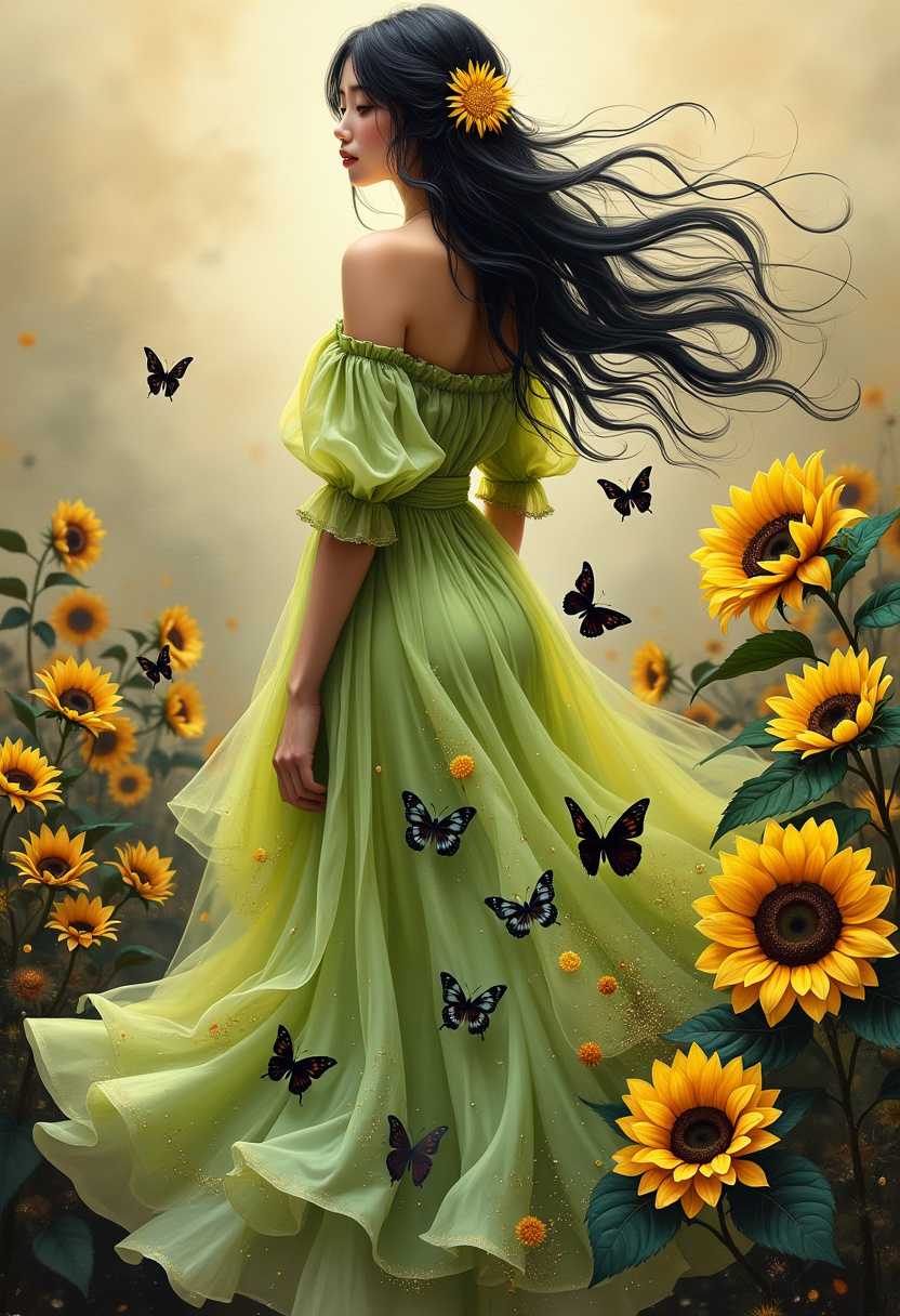  female black long hair and a sunflower at the back of her hair wearing an off the shoulder chiffon lime dress with flowing 3/4 sleeves the skirt is very   full billowing from the waist fully spread with black gold aqua butterflies and sunflowers on the back of the dress with added sparkles and glitter the background is foggy pale gold with sunflowers and metallic black swirls detailed oil paint