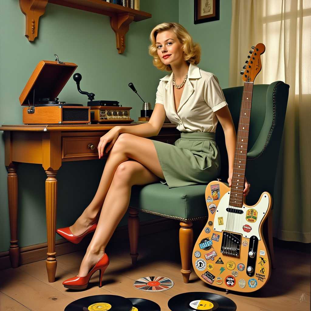 Hyper-realistic tonalism gouache painting, with ink wash and opaque colors by Norman Rockwell of a blonde housewife in 1950 posing with a telecaster electric guitar full of punk stickers next to a phonograph on the table. Album records are scattered on the floor. Exquisite details.