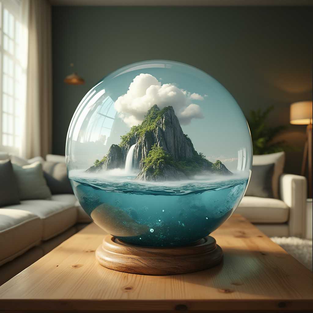 POV. Surrealism of a floating mountain in mid-air above an ocean, from the mountain flow a waterfall, and series of cloud flow around the top of mountain. in style of Sylvain Sarrailh. The scene described inside of a glass globe jar that displayed on the edge of natural colored wooden table midst of cozy living room