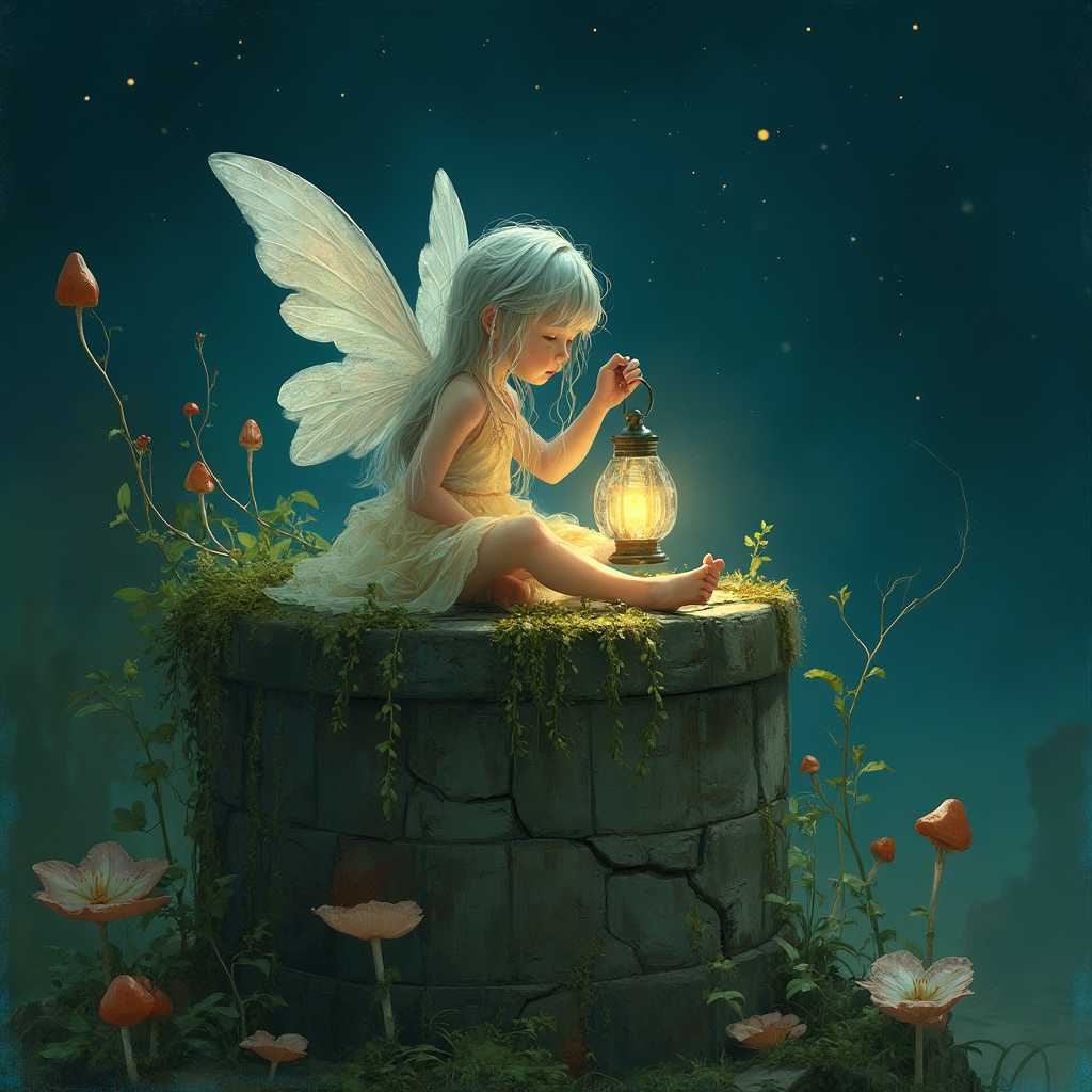 A cinematic medium-shot oil illustration of a tiny, delicate fairy with translucent wings sitting atop a cracked mossy well. The fairy, with wispy silver hair and a flowing, pastel-colored gown, gently holds a glowing lantern that casts soft light across the scene. Around the well are small, overgrown mushrooms and creeping ivy, adding a touch of nature’s reclaim. Night sky with stars in the background blends into the scene