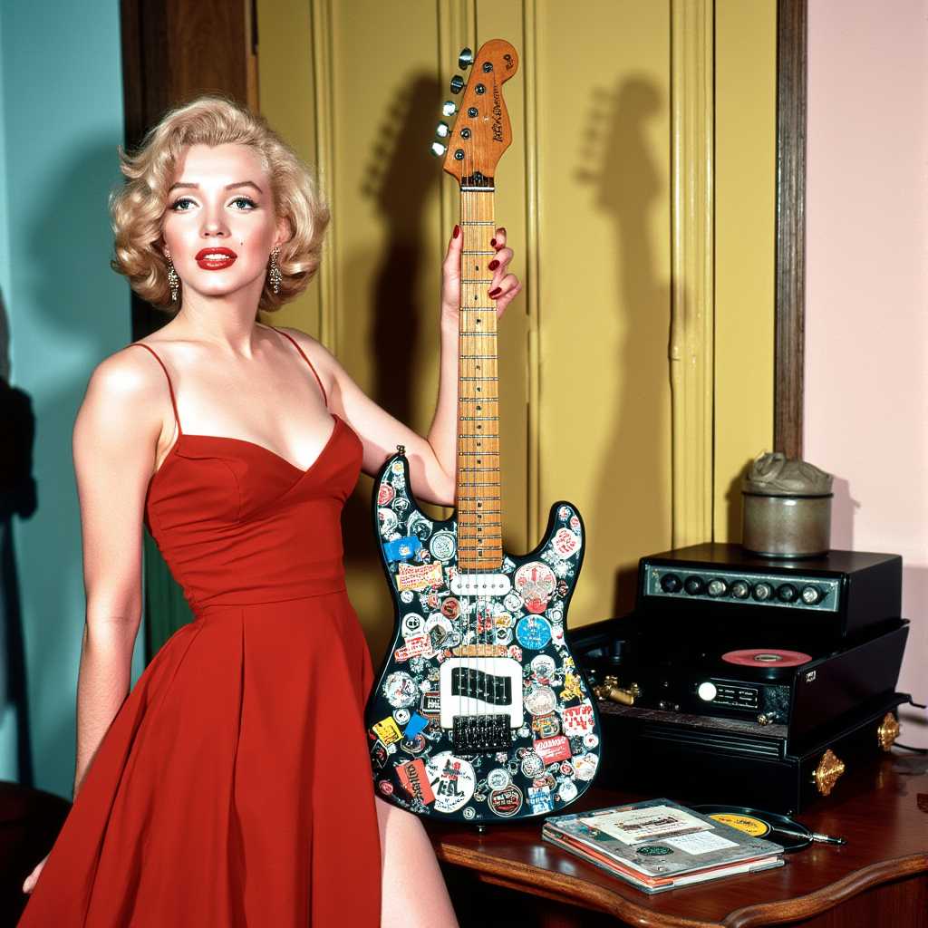 a photo of MONROE, Hyper-realistic tonalism gouache painting, with ink wash and opaque colors by Norman Rockwell of a MONROE blonde housewife in 1950 posing with a telecaster electric guitar full of punk stickers next to a phonograph on the table. Album records are scattered on the floor. Exquisite details.