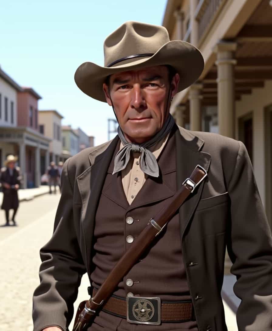 a photo of SCOTT, wearing a cowboy hat, looking sharp, a SCOTT man is wearing 1880's expensive Western lawman attire with sheriff badge,  outfit looking at viewer. walking down the street carrying a 1880 rifle. Background is 1880's western town