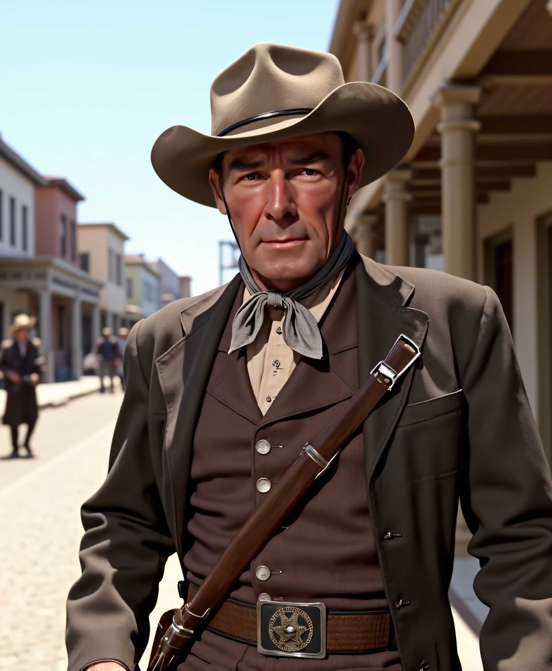 AI-generated image: a photo of SCOTT, wearing a cowboy hat, looking sharp, a SCOTT man is wearing 1880's expensive Weste