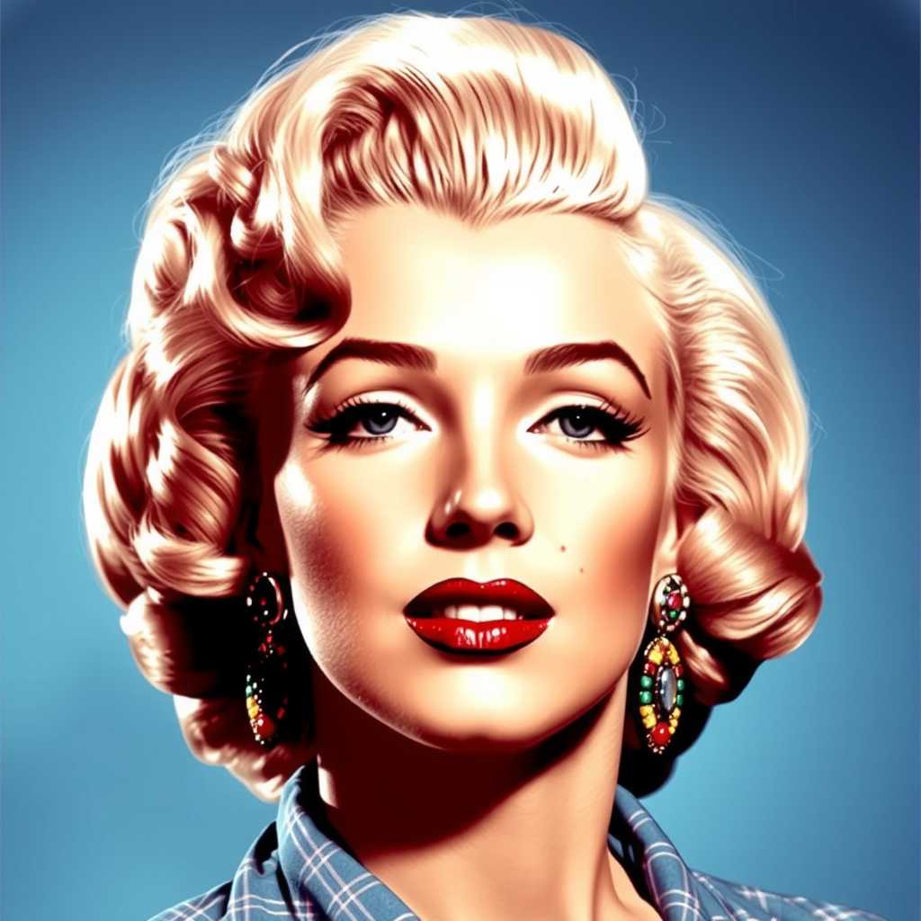 a photo of MONROE, MONROE woman, 1950's Pop-art , red lipstick, big colorful earrings, Rosie the Riveter style pose. light blue pokadot background, pop art style by J. Howard Miller