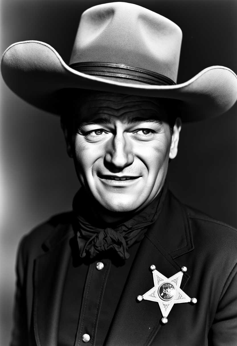 a photo of WAYNE, wearing western expensive clothes, sheriffs badge, 1880's style, looking at viewer, facing camera, the WAYNE is smiling, cowboy hat, handsome 
