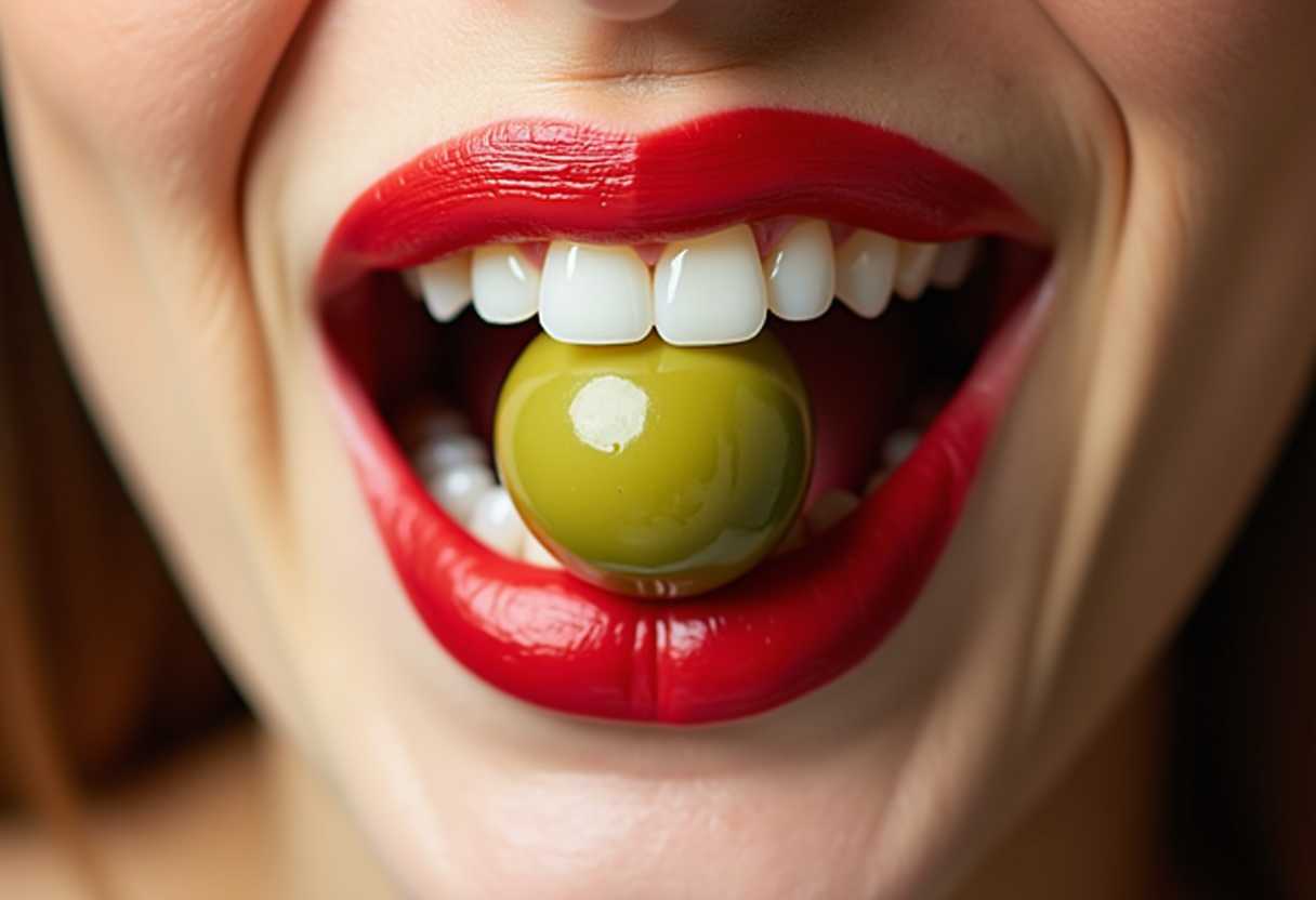 close-up of a woman's mouth. her teeth is holding an olive. The lips are bright red. Real photography, HDR, detailed, 50mm lens, studio light. Frontal view.