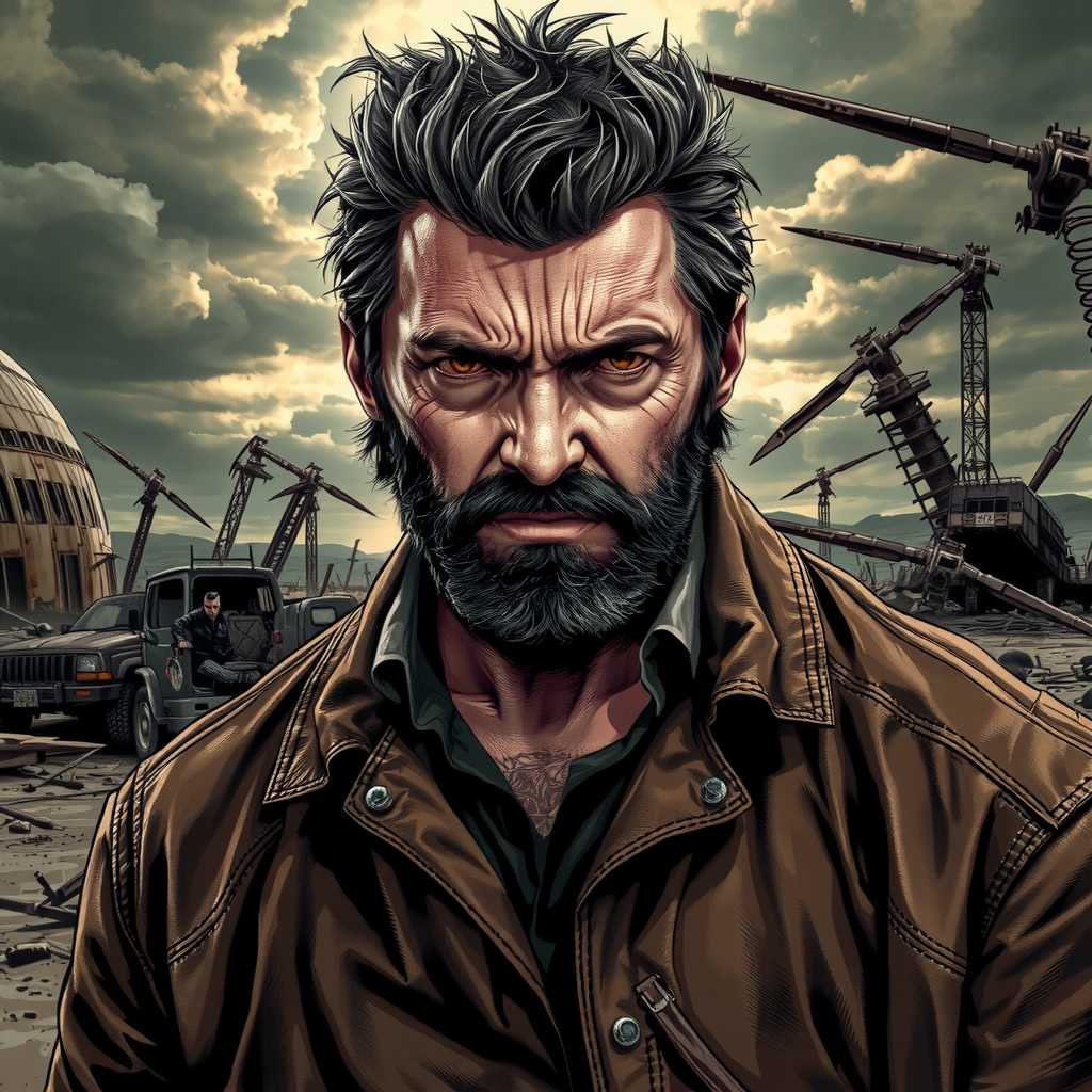 LGN, Create an illustration of Old Man Logan as a tough and rugged character in a comic book art style, drawing inspiration from Frank Miller and Steve McNiven. Place him in a desolate, post-apocalyptic landscape, wearing a tattered leather jacket. Surround him with remnants of battle, including wreckage and debris. Use harsh, dramatic lighting to enhance his weathered face and rugged features, casting long shadows. The atmosphere should be tense and foreboding, with a stormy sky overhead. Employ earthy tones such as browns, greys, and muted greens, highlighting the textures of his worn leather jacket. Focus sharply on Logan's face, with a slightly blurred background to emphasize his lone, tough persona. Exclude any other characters or signs of civilization to maintain the focus on Old Man Logan.