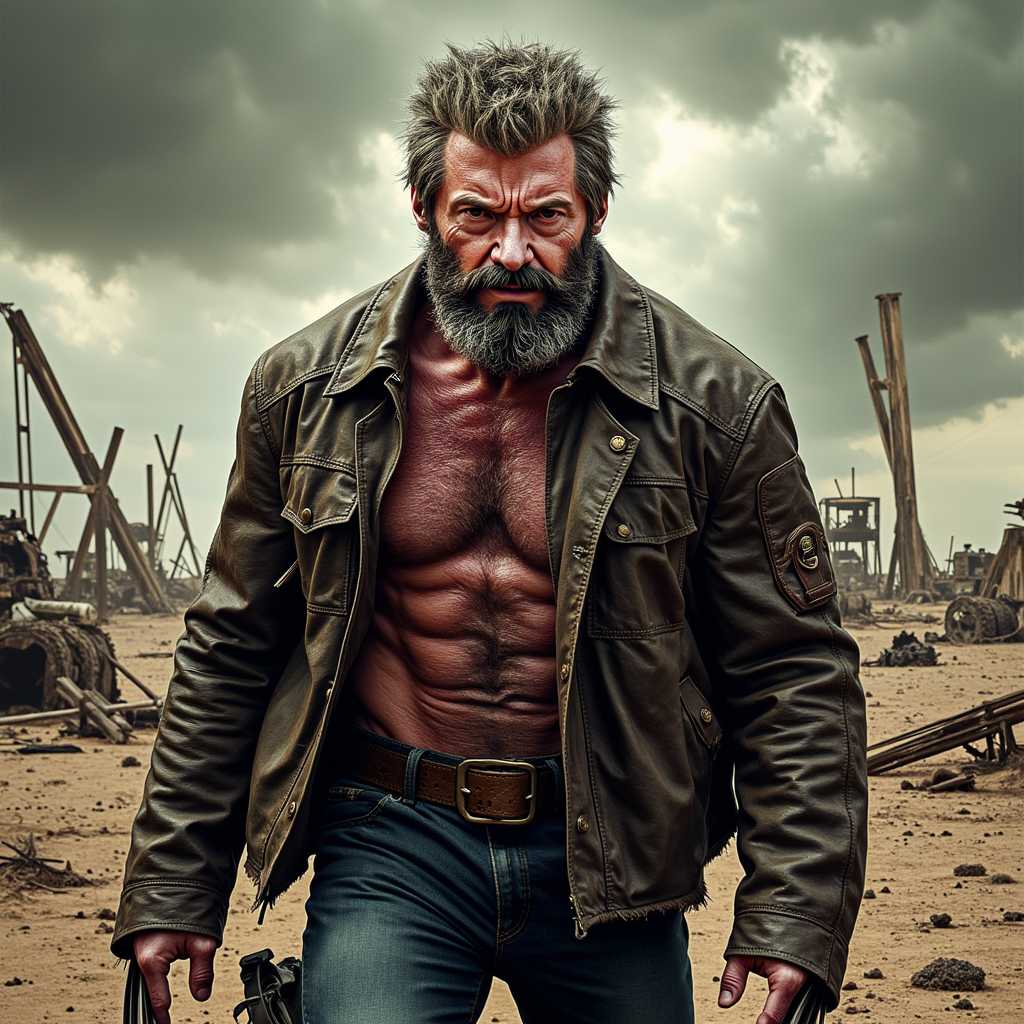 LGN, Create an illustration of Old Man Logan as a tough and rugged character in a comic book art style, drawing inspiration from Frank Miller and Steve McNiven. Place him in a desolate, post-apocalyptic landscape, wearing a tattered leather jacket. Surround him with remnants of battle, including wreckage and debris. Use harsh, dramatic lighting to enhance his weathered face and rugged features, casting long shadows. The atmosphere should be tense and foreboding, with a stormy sky overhead. Employ earthy tones such as browns, greys, and muted greens, highlighting the textures of his worn leather jacket. Focus sharply on Logan's face, with a slightly blurred background to emphasize his lone, tough persona. Exclude any other characters or signs of civilization to maintain the focus on Old Man Logan.