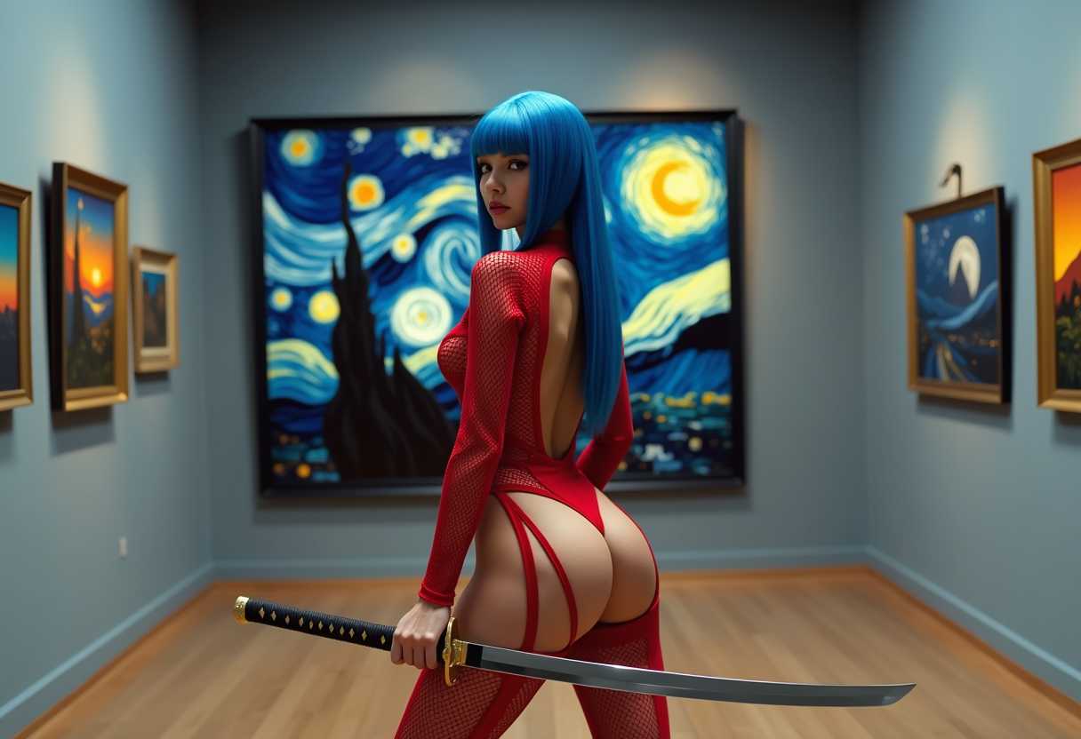 Create an image of a striking figure standing in an art gallery setting. The central figure, a person with long, straight hair in a vibrant shade of blue, wears a bold, red fishnet bodysuit with large holes, featuring a high neckline and long sleeves. The bodysuit's high-cut back and dramatic thigh-high slits reveal the woman's buttocks and legs. In her hands, she firmly grips a katana sword, its black and gold handle contrasting against the metallic sheen of the blade. The environment is a sophisticated art gallery, defined by an array of modern-style framed artworks on the neutral grey walls, which serve as an understated backdrop to the vivid subject. Position the figure dynamically, perhaps in a slight action pose as if ready to move, with the katana partially raised. The gallery space is accented by a background painting, suggestive of an homage to Van Gogh's "Starry Night." This painting displays a night scene filled with swirling clouds and a radiant celestial body, possibly the moon, casting a luminous glow. The foreground of the painting includes a landscape with recognizable houses and the silhouette of a lone tree, adding depth. Incorporate vibrant and bold color contrasts: the red bodysuit against