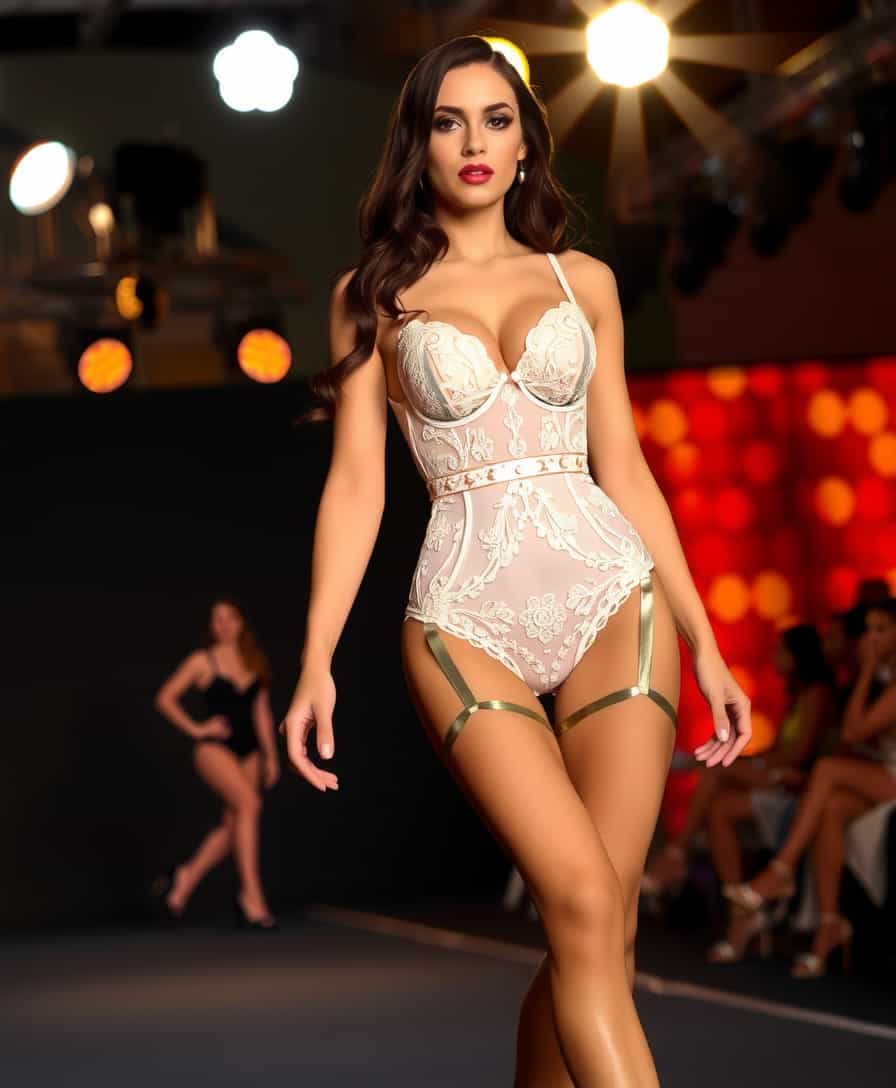 Under the dazzling lights of the runway, a stunningly lithe and sexy fashion model strides confidently, her every step exuding grace and allure. She is adorned in an intricately detailed lingerie set that leaves the audience breathless. The bra, a masterpiece of delicate lace and sheer fabric, perfectly contours her shapely bust, offering a tantalizing glimpse of her smooth skin beneath. The matching panties, equally elaborate, hug her hips snugly, accentuating her curves with a blend of elegance and seduction. Her long, toned legs are encased in sheer stockings, held up by a garter belt that adds a touch of vintage glamour to her ensemble. The stockings shimmer subtly under the lights, drawing attention to her every movement. Completing her look are a pair of high heels, their sleek design elongating her legs and adding an extra layer of sophistication to her stride. Her makeup is flawless, with smoky eyes that captivate and lips painted a deep, inviting red. Her hair cascades in soft waves around her shoulders, framing her face perfectly. The entire scene is a symphony of sensuality and style, with the model's confident walk and the intricate details of her lingerie creating a mesmerizing visual feast.