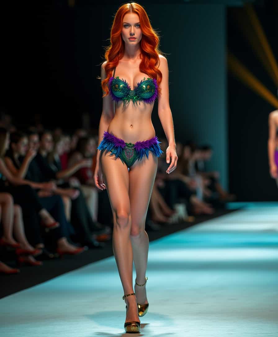 In a high-resolution, photorealistic image of 8K quality, a stunning redheaded woman with piercing blue eyes stands confidently on a runway. Her fiery red hair cascades in loose waves down her back, contrasting beautifully with her porcelain skin. She is adorned in vividly colored feather-trimmed lingerie that clings to her curves, accentuating her hourglass figure. The lingerie is a vibrant mix of peacock blues, emerald greens, and rich purples, each feather shimmering under the spotlight. She wears matching stockings that elongate her legs, held up by delicate garters. Her high heels are a striking shade of metallic gold, adding a touch of glamour to her ensemble. The lighting is soft yet focused, casting a warm glow on her, highlighting the intricate details of her outfit and the smoothness of her skin. The backdrop is a luxurious fashion show setting, with a sleek, glossy runway and an audience in shadow, their attention solely on the captivating model. The atmosphere is charged with a sense of allure and sophistication, making the scene both sexually charged and artistically mesmerizing.