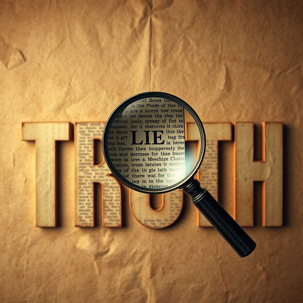 A high-resolution image showcases the word "TRUTH" spelled out in grand, bold letters across a backdrop resembling aged parchment, rich with textures and subtle discolorations typical of antique documents. The letters are intricately filled with densely packed, faintly visible text, mimicking ancient script or a historian's notes, contributing to a sense of mystery and depth. Positioned strategically above one of the central letters, a vintage magnifying glass magnifies a portion of the text within, revealing a clear snippet of words, inviting viewers to delve deeper into the narrative hidden within the letters. The scene is imbued with a scholarly and investigative ambiance, reminiscent of classic detective stories or historical research. The lighting is soft and warm, casting gentle shadows that enhance the texture of the paper and lend an atmospheric, contemplative mood. The overall composition is balanced, with a frontal perspective that focuses attention on both the magnifying glass and the details of the script. The artistic style is a blend of realism with a touch of surrealism, capturing the essence of curiosity and discovery.
