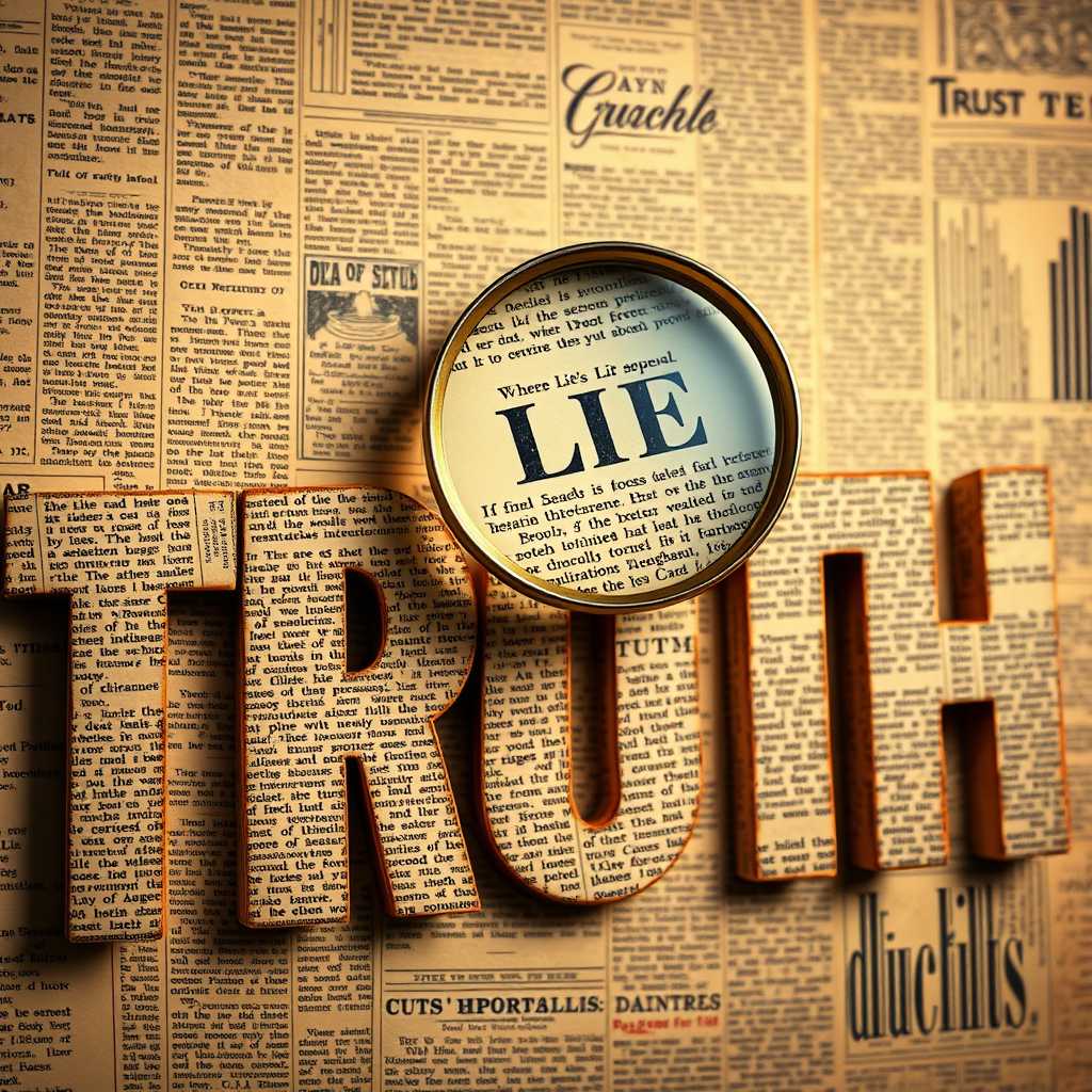 A captivating typographic artwork where the word "TRUTH" dominates the frame, each letter sculpted in bold, impactful typography, lying against a backdrop of layered, sepia-toned newspaper clippings. The letters themselves are intricately filled with densely packed columns of fine, indecipherable text, mimicking the chaotic yet structured appearance of a historical newspaper. Hovering above the letter "R" is a vintage magnifying glass, its polished brass rim glinting subtly in the ambient light. Within the circular lens, part of the letter's hidden text is magnified, sharply revealing the word "LIE" in crisp clarity, creating a striking juxtaposition. The scene is engulfed in warm, muted tones, evoking an atmosphere of introspection and scrutiny, as if inviting the viewer into a deeper exploration of truth and deception. Shot from a slightly elevated angle for a commanding presence, with soft, diffused lighting that adds gentle shadows and depth, emphasizing the layered textures of paper and the gleam of the magnifying glass. This image encapsulates the essence of exploration, inspection, and the intricate dance between appearance and reality, all within an eloquent visual metaphor.